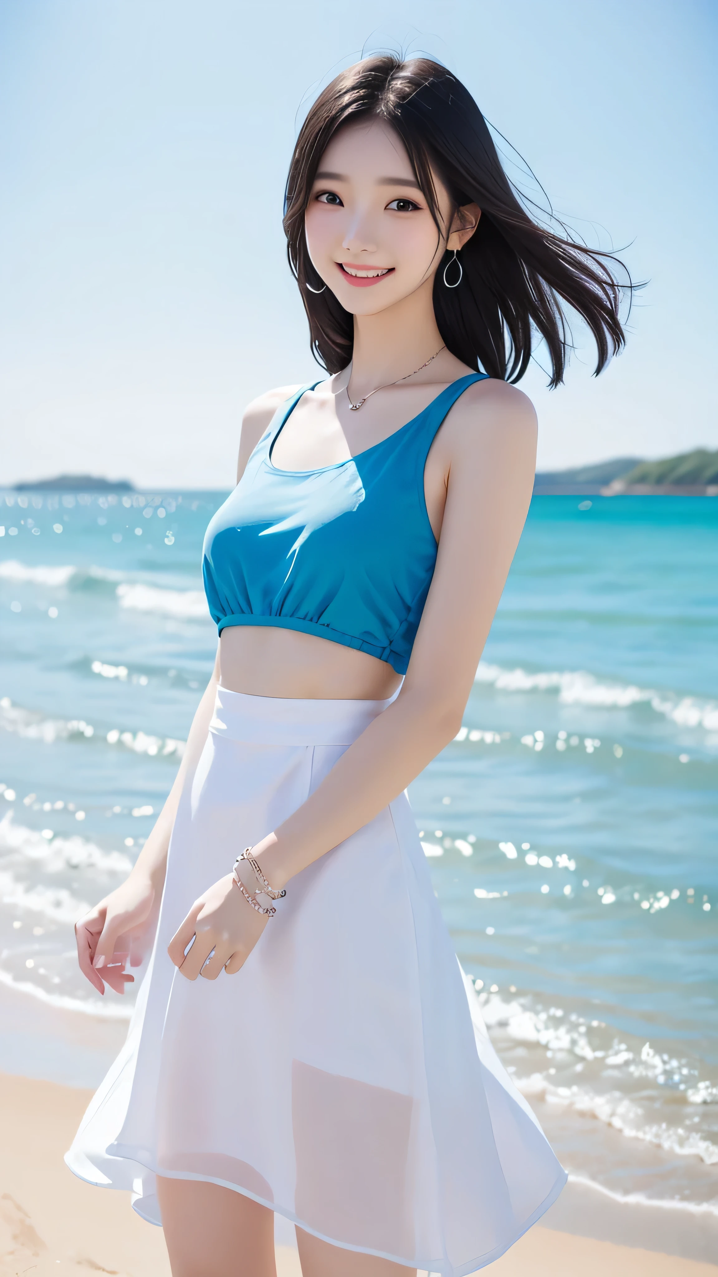 Japanese、18-year-old、Very slim、((Smiling))、Summer clothing、Glasses、blue sea、Blue sky、White sand beach、White cloud