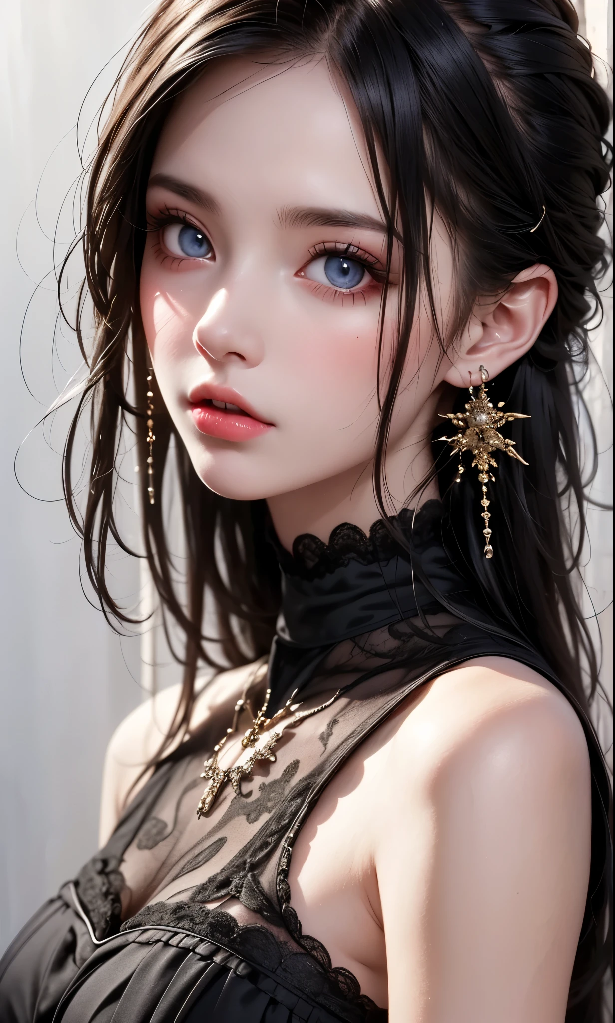 RAWphotograph, photograph, Realistic, 8K vivid photograph of a woman in nature, Super detailed, In detail, Dramatic Light, In detail beautiful eyes, Detailed skin, Depth of written boundary, Grey Eyes, ((black dress)), from side