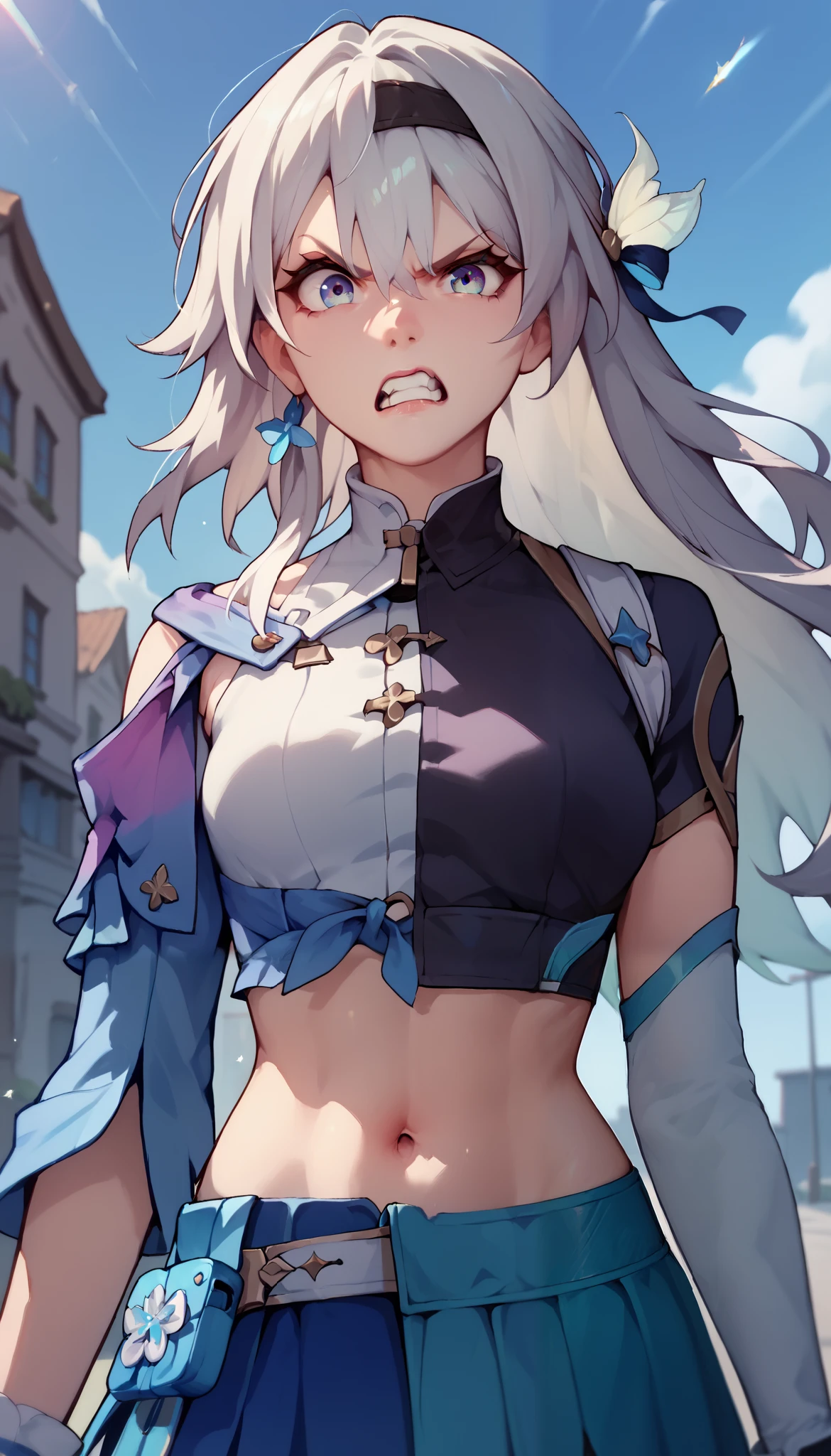 march7th, White crop top, Sleeves, gloves, Blue skirt, navel, angry expression, clenched teeth,