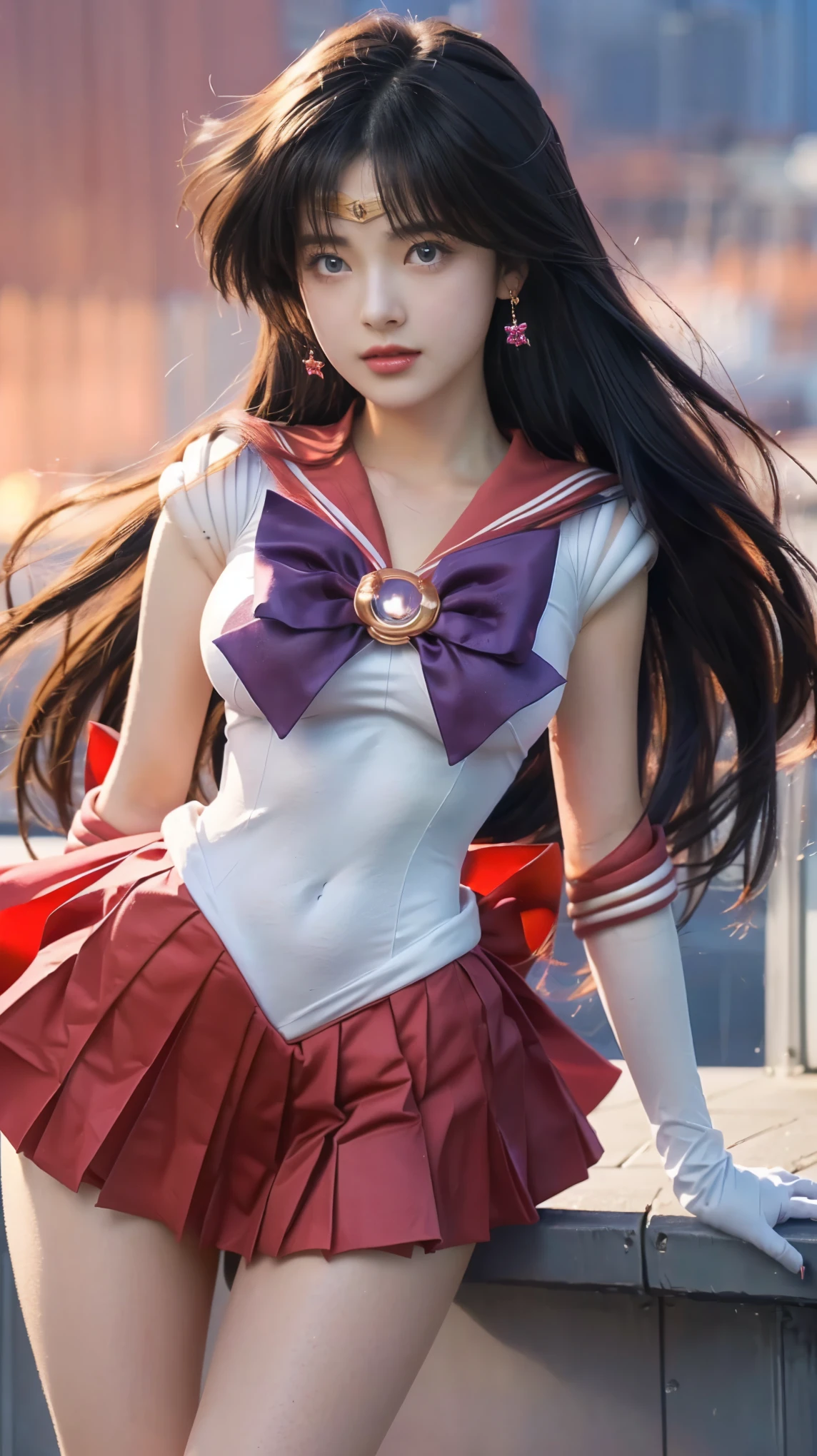 sailor girl posing on a rooftop with a city in the background, realistic style, anime girl cosplay, anime cosplay, the sailor moon. beautiful, big breasts, pleated skirts, super short skirts, tight clothes, thin lips, shiny lips, inspired by Sailor Moon, photorealistic anime, hyper realistic, realistic, sailor moon style, rei hino as a princess, anime girl in real life, by Sailor Moon, realistic cosplay