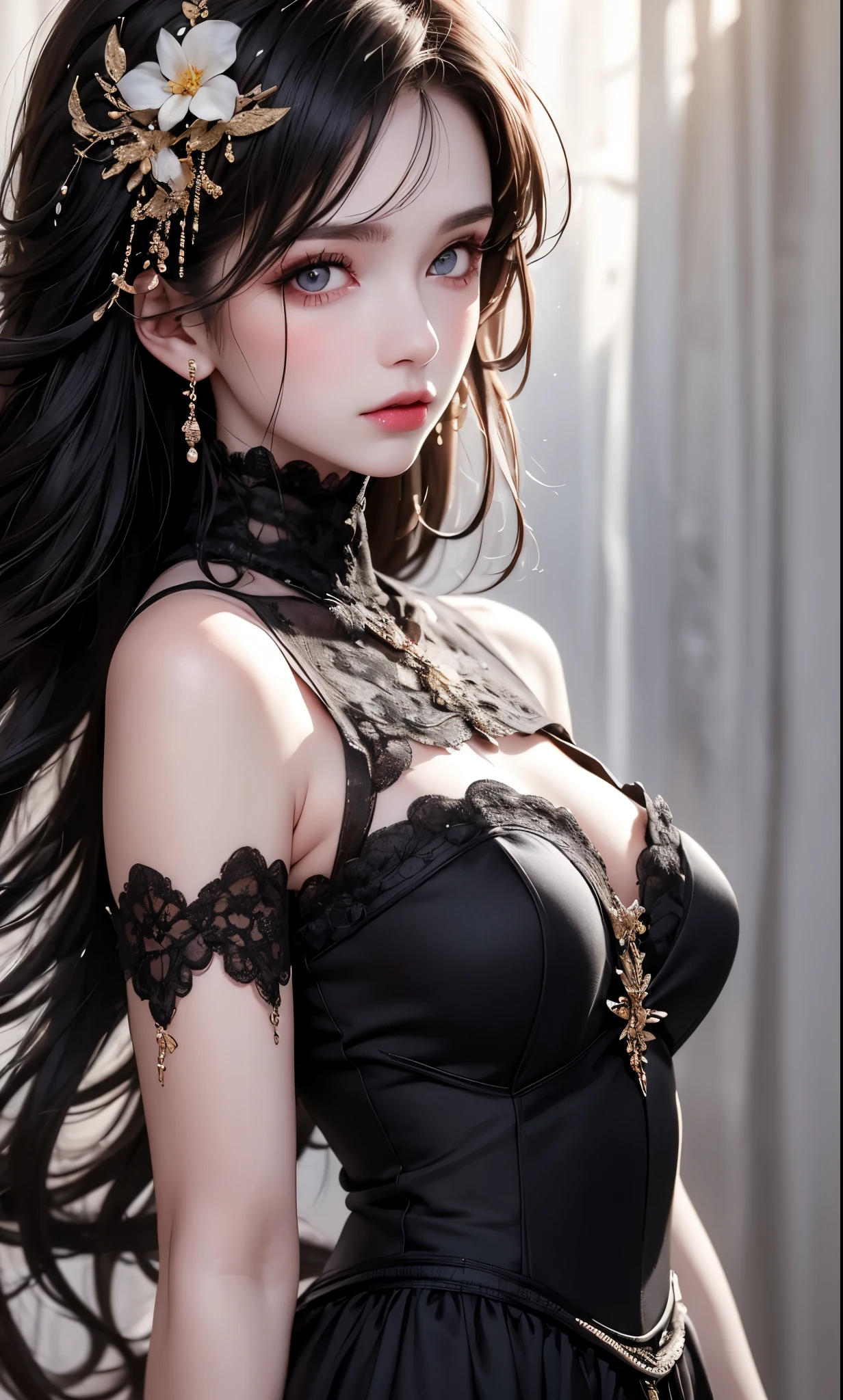 RAWphotograph, photograph, Realistic, 8K vivid photograph of a woman in nature, Super detailed, In detail, Dramatic Light, In detail beautiful eyes, Detailed skin, Depth of written boundary, Grey Eyes, ((black dress)), from side