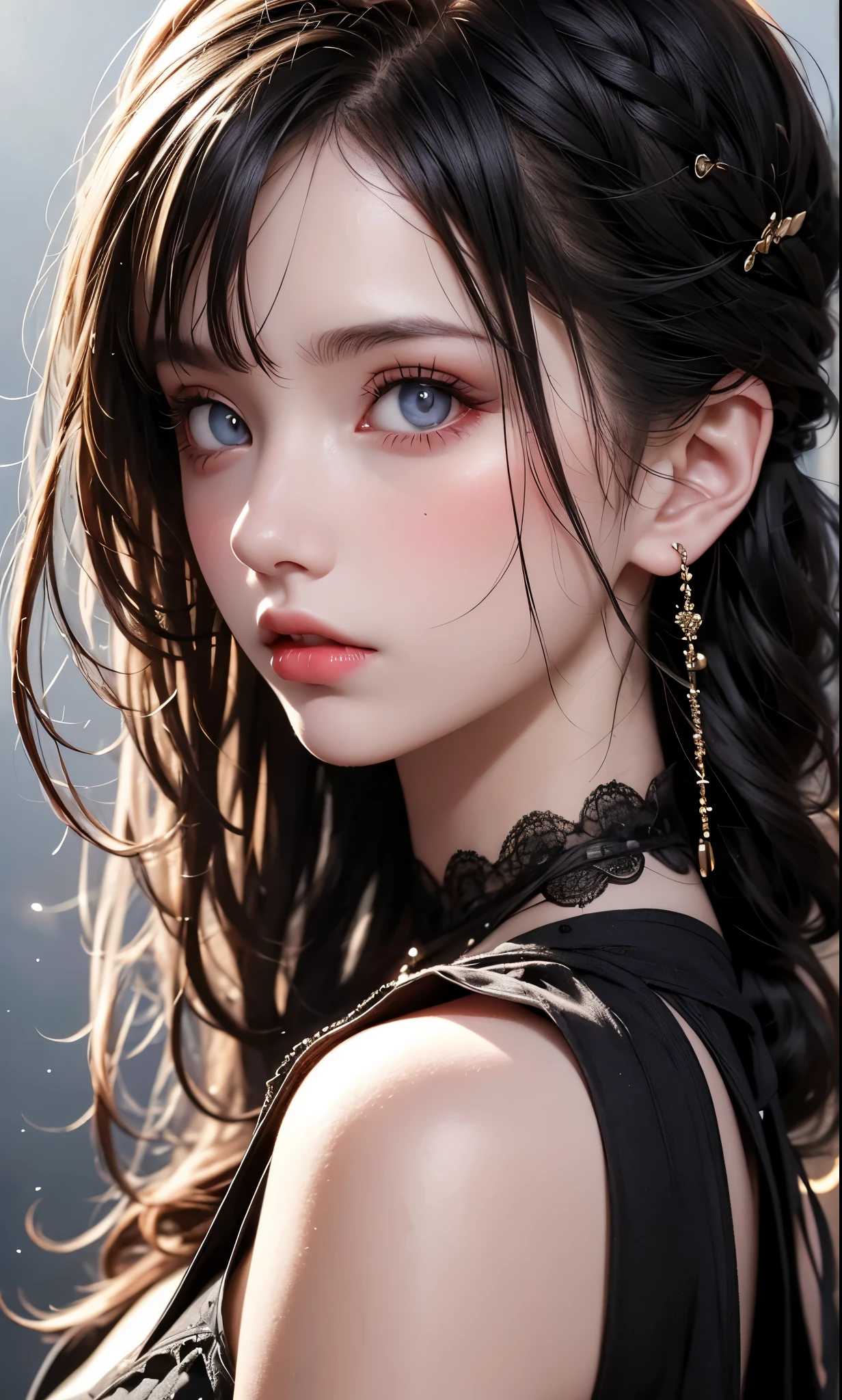 RAWphotograph, photograph, Realistic, 8K vivid photograph of a woman in nature, Super detailed, In detail, Dramatic Light, In detail beautiful eyes, Detailed skin, Depth of written boundary, Grey Eyes, ((black dress)), from side