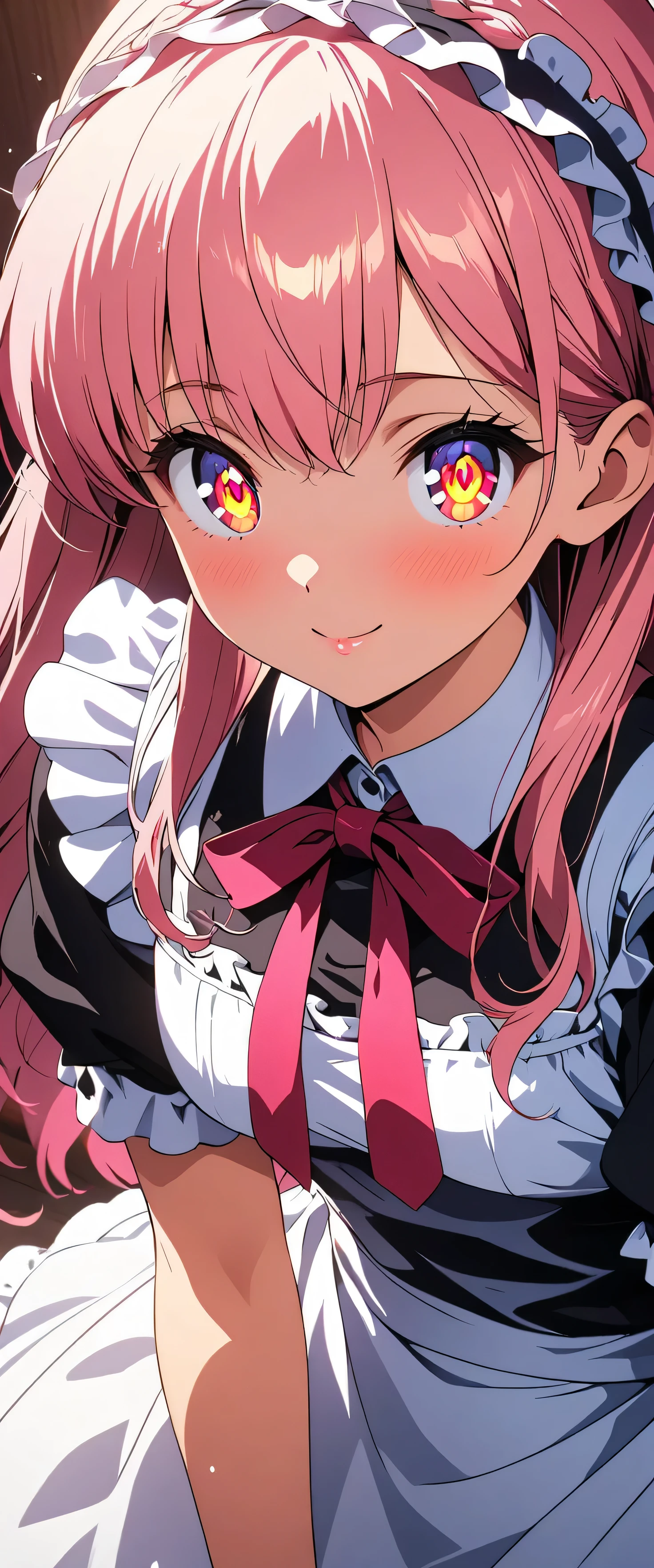 (Close up on the eyes:1.5),(beautiful girl:1.3),masterpiece,Please redeem,Ultra-high resolution, rich contrast,Very high quality,8k,Highly detailed CG unit wallpaper,Texture,So ridiculous,RAW Photos,Highest quality anime,anime-style illustration,studio anime style,professional photograph,an extremely delicate and beautiful,Depth of written boundary 1.2,ultra-detailed eyes,Glowing Skin,Glitter Effect,Beautiful glossy lips, big eyes, round eyes,Sit and pose,(pink Hair,Crown braid),bashou \(Senran Kagura\),Maid Cafe,Maid uniform,Dynamic Angle,look up:1.3,Friendly atmosphere,Beautiful Hair,Shiny Hair,Detailed face and eyes,Curvy Women,smile,closed mouth,
