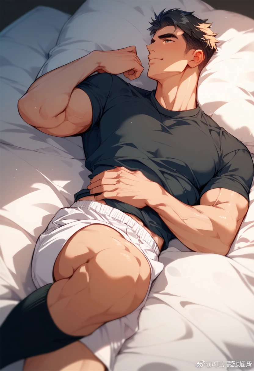 Boy scrunching his sweaty soles in dirty socks while laying in bed