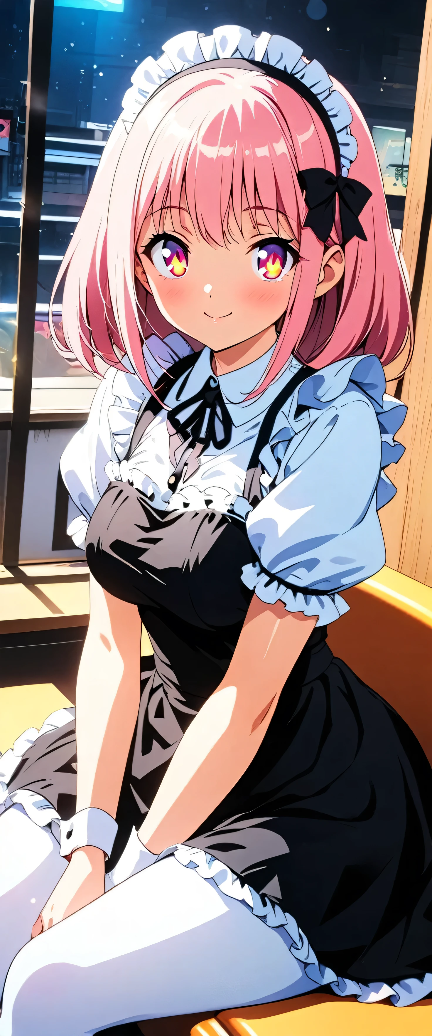 ((table top, highest quality, High resolution,perfect pixel, 4K))), 1 girl, single, alone, Beautiful woman、I could see the whole body、RAW photo, absurd, award winning portrait, concentrate,masterpiece, highest quality, High resolution,8K, Complex, elegant, very detailed,dynamic lighting,(blurred background:1) 、smile, (((pink hair))), (((pink cat ears))), ((anime girl)), (tie), ((detailed face, blush:1.2)), ((smooth texture:0.75, realistic texture:0.65, realistic:1.1, Anime CG style)), (((kneel down))), (((peek from below))), ((black maid outfit, white shirt, black skirt)、((she&#39;She&#39;s definitely wearing a maid outfit))、I can see your breasts、((Empty classroom)), 
