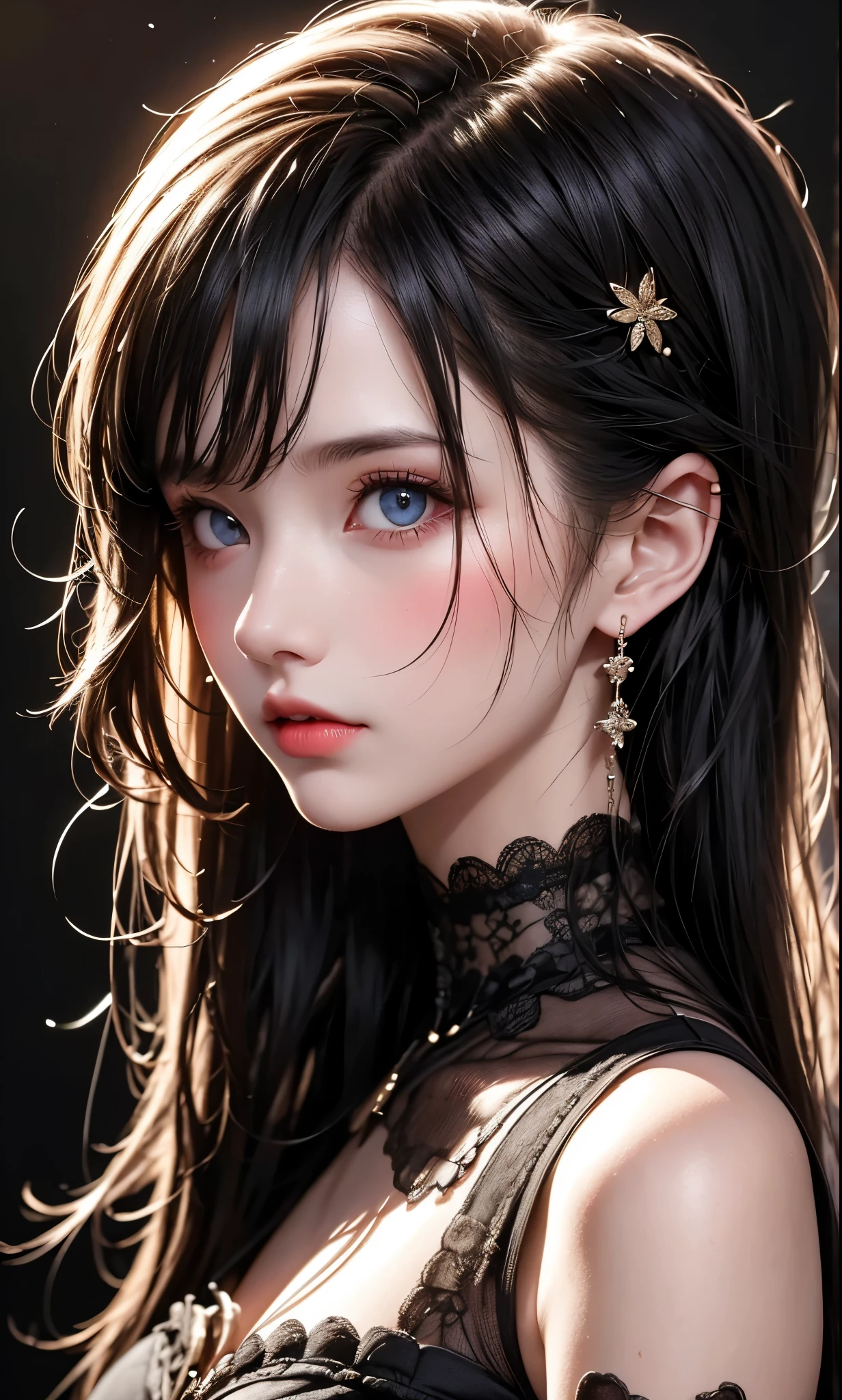 RAWphotograph, photograph, Realistic, 8K vivid photograph of a woman in nature, Super detailed, In detail, Dramatic Light, In detail beautiful eyes, Detailed skin, Depth of written boundary, Grey Eyes, ((black dress)), from side