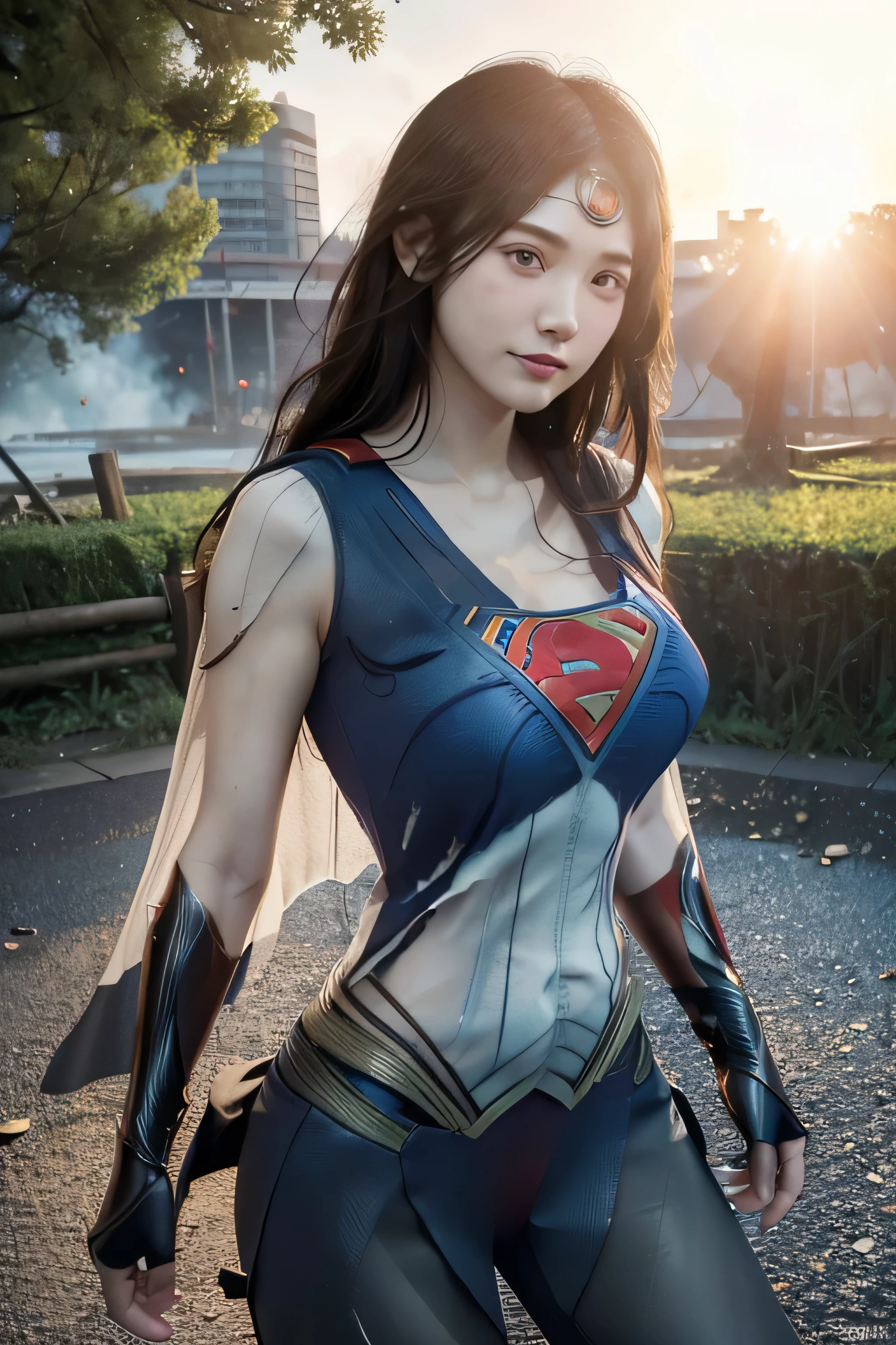 Beautiful woman with wavy hair, delicate and attractive blue eyes, Thigh notch, Sexy long legs, T-shirt in small shorts，Superman's Letter S, Cute futuristic cyberpunk + city, myst, moist, Rain, masterpiece of best quality, Realistic, Detailed, 8K, nffsw, Shallow depth of field, Wide light, High contrast, Backlight, floods, The Flash, color difference, Sharp Focus, superman S symbol on the chest.