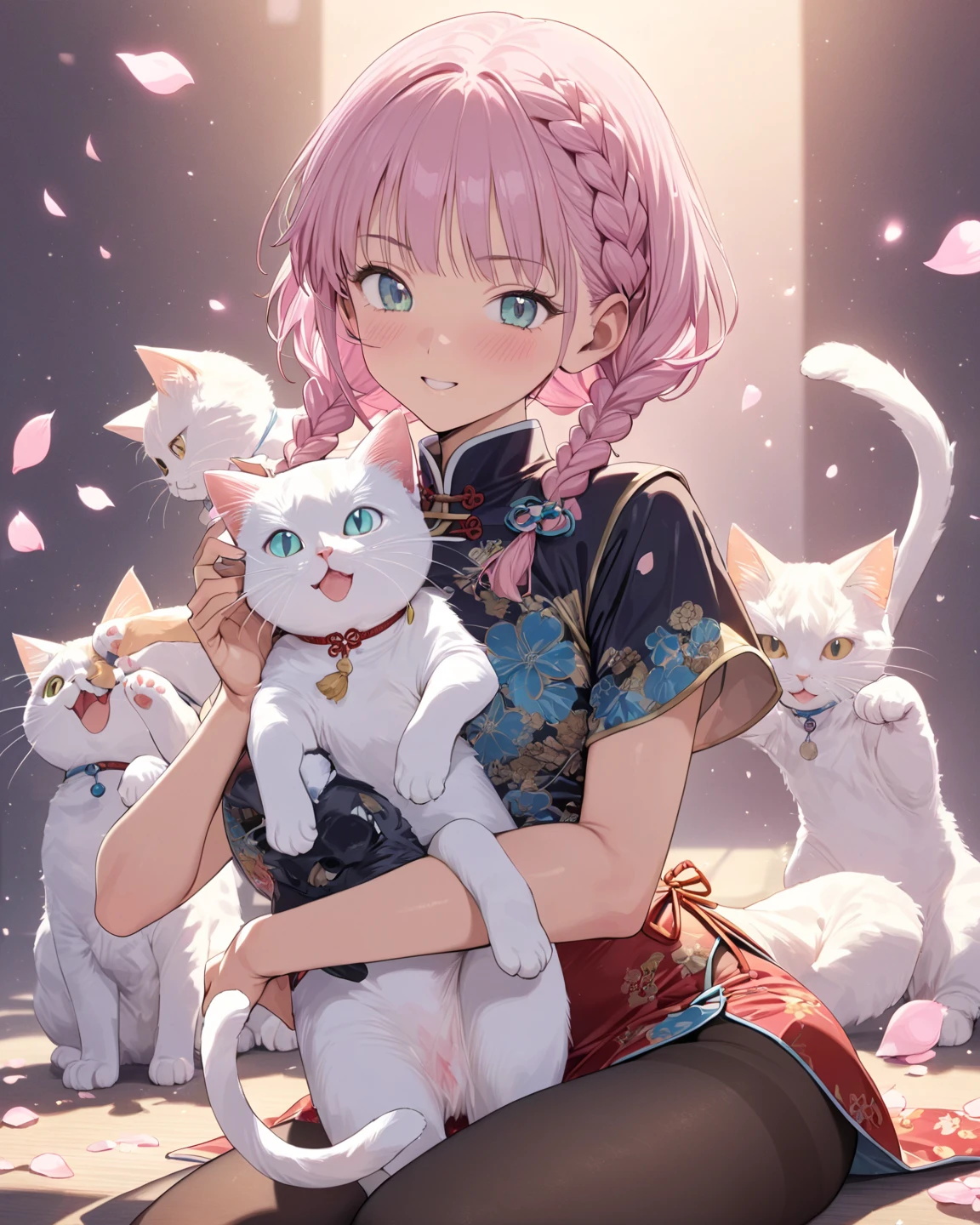 （Blue and pink hair are mixed together1:2），Azure dress，sat on the ground，white  panties，（tmasterpiece），（best qualtiy），Be red in the face，Pink eyes，1girll，White tube socks，cat ear，（1girll）