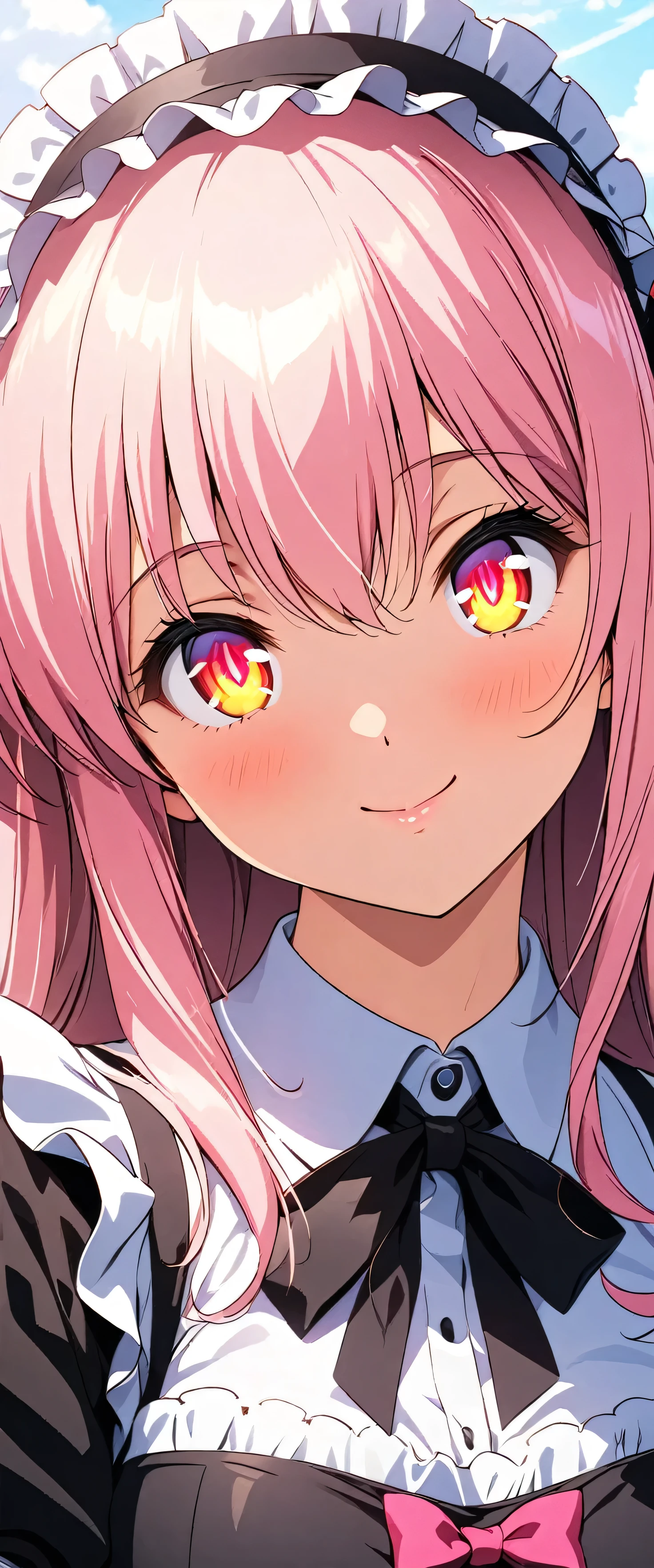 (Close up on the eyes:1.5),(beautiful girl:1.3),masterpiece,Please redeem,Ultra-high resolution, rich contrast,Very high quality,8k,Highly detailed CG unit wallpaper,Texture,So ridiculous,RAW Photos,Highest quality anime,anime-style illustration,studio anime style,professional photograph,an extremely delicate and beautiful,Depth of written boundary 1.2,ultra-detailed eyes,Glowing Skin,Glitter Effect,Beautiful glossy lips, big eyes, round eyes,Sit and pose,(pink Hair,ツインテール),bashou \(Senran Kagura\),Maid Cafe,Maid uniform,Dynamic Angle,look up:1.3,Friendly atmosphere,Beautiful Hair,Shiny Hair,Detailed face and eyes,Curvy Women,smile,closed mouth,