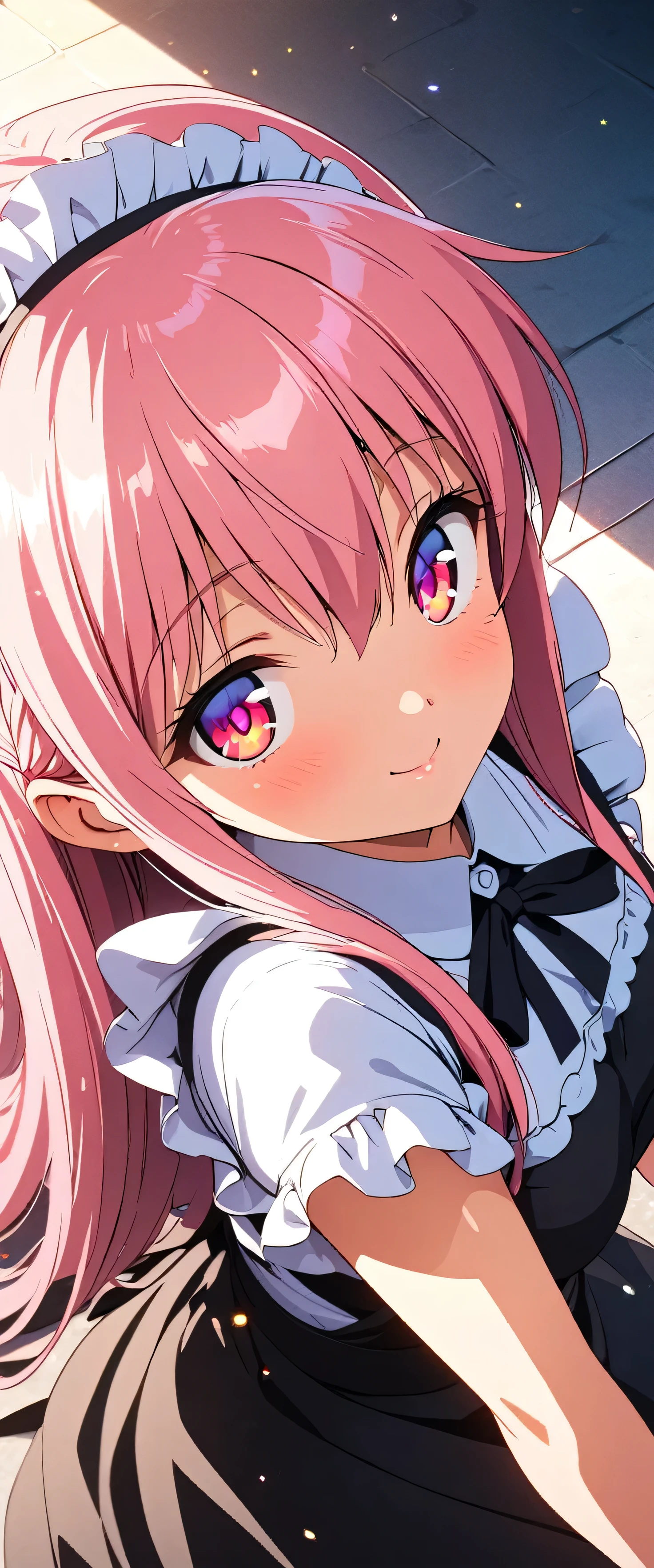 (Close up on the eyes:1.5),(beautiful girl:1.3),masterpiece,Please redeem,Ultra-high resolution, rich contrast,Very high quality,8k,Highly detailed CG unit wallpaper,Texture,So ridiculous,RAW Photos,Highest quality anime,anime-style illustration,studio anime style,professional photograph,an extremely delicate and beautiful,Depth of written boundary 1.2,ultra-detailed eyes,Glowing Skin,Glitter Effect,Beautiful glossy lips, big eyes, round eyes,Sit and pose,(pink Hair,ツインテール),bashou \(Senran Kagura\),Maid Cafe,Maid uniform,Dynamic Angle,look up:1.3,Friendly atmosphere,Beautiful Hair,Shiny Hair,Detailed face and eyes,Curvy Women,smile,closed mouth,舌を出す