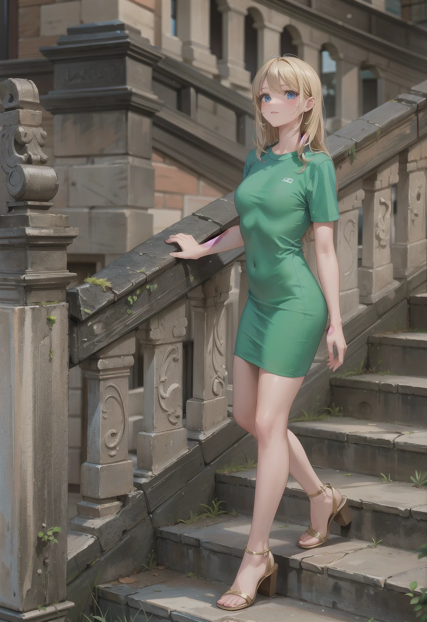 gorgeous woman, blonde undercut asymmetric bobcut, lesbian, green eyes, looking at camera, seductive, short severe dress, 1girl, boots, sexy walk