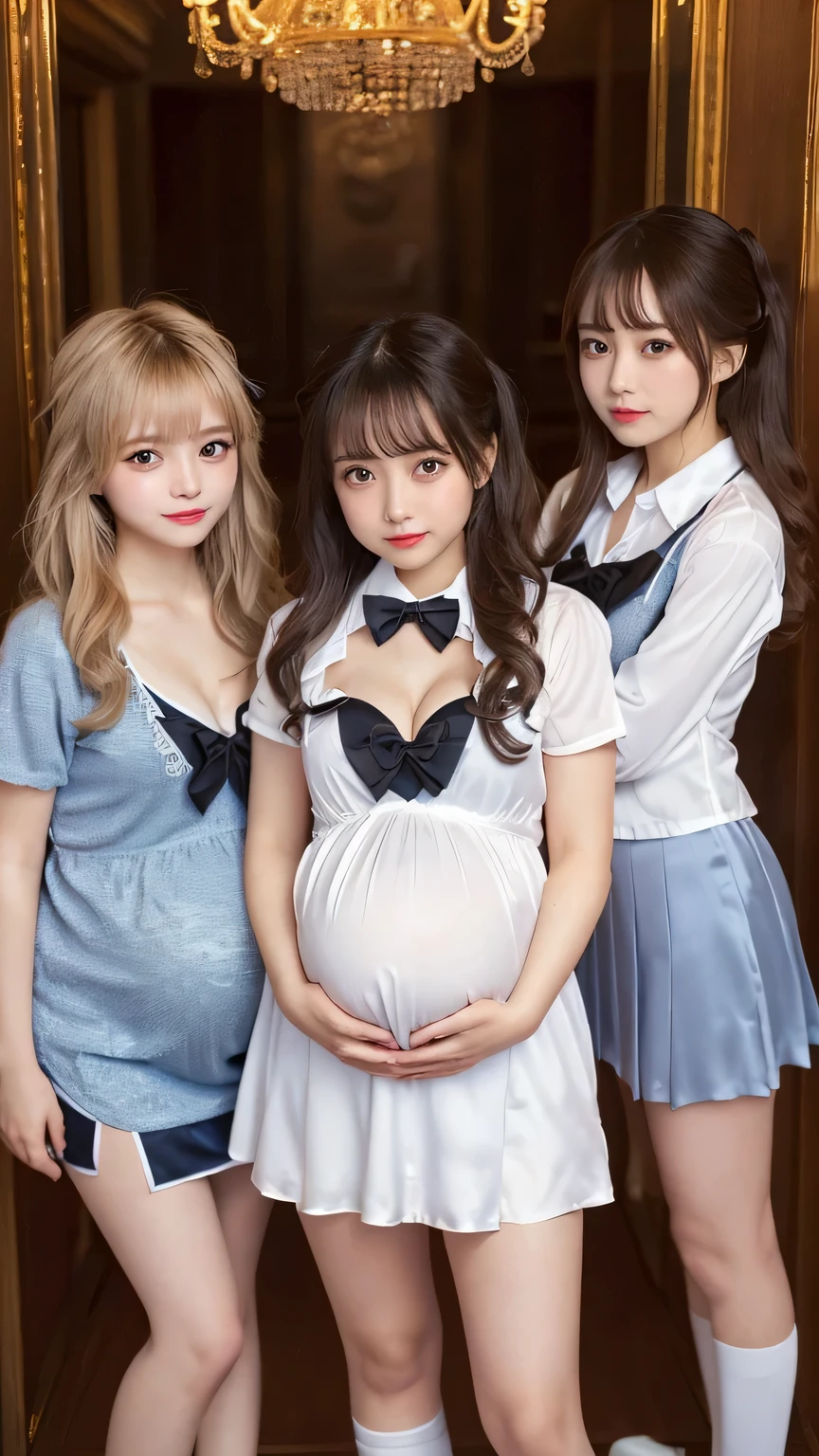 ( Top Masterpieces)、 beautiful detailed girl,  very detailed目と顔,  beautiful and delicate eyes,  anatomically accurate、 file size is large,  high resolution,  very detailed,  best quality , [  masterpiece :1.6], Awareness-raising,  very detailed, CG, finely,  best quality , 8k wallpaper,  movie lights, (Three cute girls、 standing:2.0),  Perfect figure, 【Big Breasts】、Cute droopy eyes、 beautiful big eyes、Sweaty and wet、【 sexual arousal:1.6】、 (Watery eyes) 、 cute hairstyle、( 3 high school girls with realistic and beautiful faces)、(Crying face:1.3)、( lounge、 chandelier )、 dynamic pose to hide big breasts with a towel、( full body shot)、(16k)、(32K)、((Pregnant women))、 standing、( emphasizes cleavage :1.2)、 Protruding Breasts 、Curly Hair、(cute satin high school uniform for girls、 bow tie、 miniskirt:1.2)、( luxury satin lingerie:1.2)、( expose your chest:1.5)、 sexy upper gaze、(cute white gal )、 perfect body 