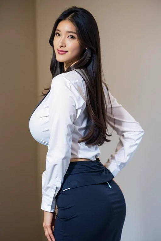 Lucy Pinder, ((VERY INTENSE MAKEUP)), sexy woman, voluptuous, cleavage, chubby woman, (Adele), lace, black hair, long hair, white striped blouse, white skirt, white striped skirt, scrub cap, pantyhose , (face portrait), Asian woman, smiling, back, beautiful buttocks, ((nurse)).