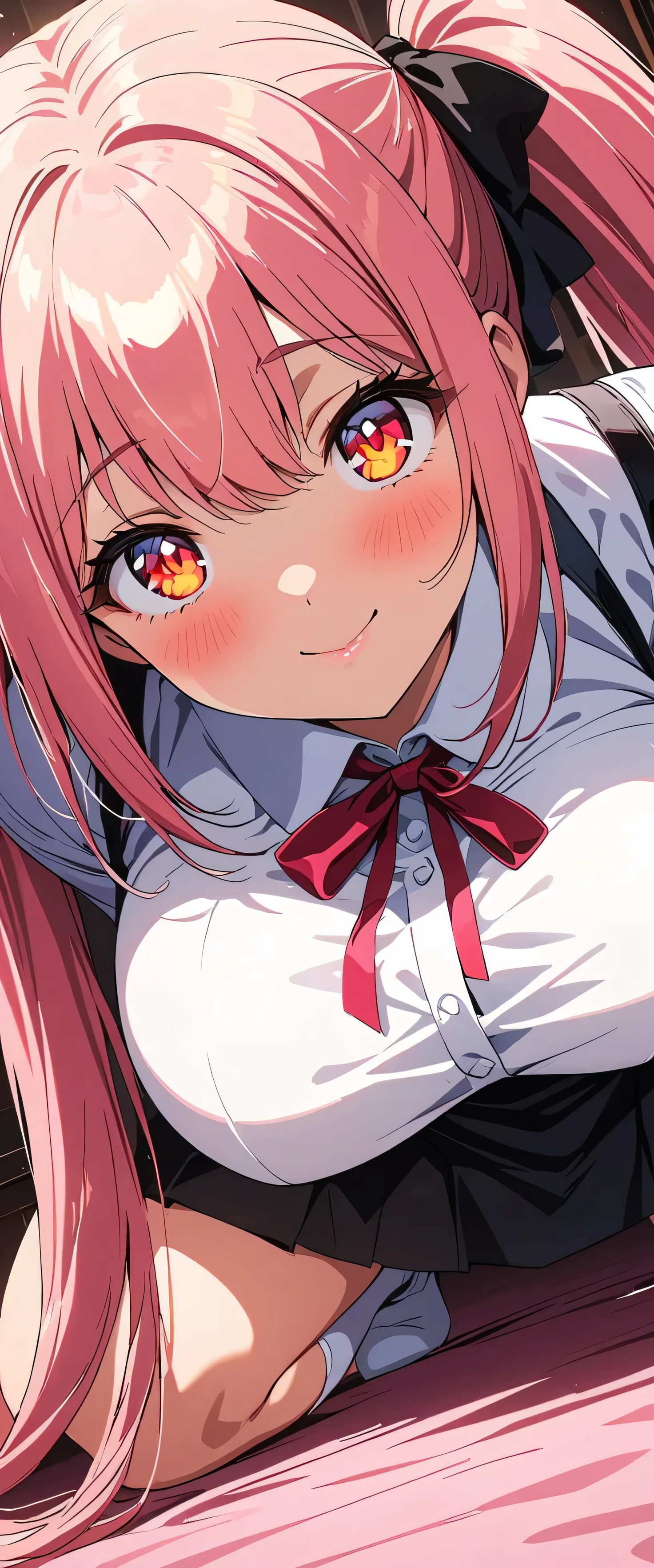 (beautiful girl:1.3),masterpiece,Please redeem,Ultra-high resolution, rich contrast ,Very high quality,8k,Highly detailed CG unit wallpaper,Texture,So ridiculous,RAW Photos,Highest quality anime,anime-style illustration,studio anime style,professional photograph,an extremely delicate and beautiful,Depth of written boundary1.2,ultra-detailed eyes,Glowing Skin,Beautiful glossy lips,Big eyes,Round eyes, red eyes,(pink Hair, twin tails),Curvy Women,(suspender skirt,black),black pleated skirt,(white frilled shirt),long sleeve, bed,slim,huge breasts,big and round butt,pale skin,Kawaii decorations,Calm,luxury hotel interior,dynamic angle,((squatting,spread legs)),Embarrassing,blush,Moist eyes, White High Socks,smile, closed mouth, with bangs,(Big Breasts:1.7),(Close up of her extremely beautiful eyes:1.5)
