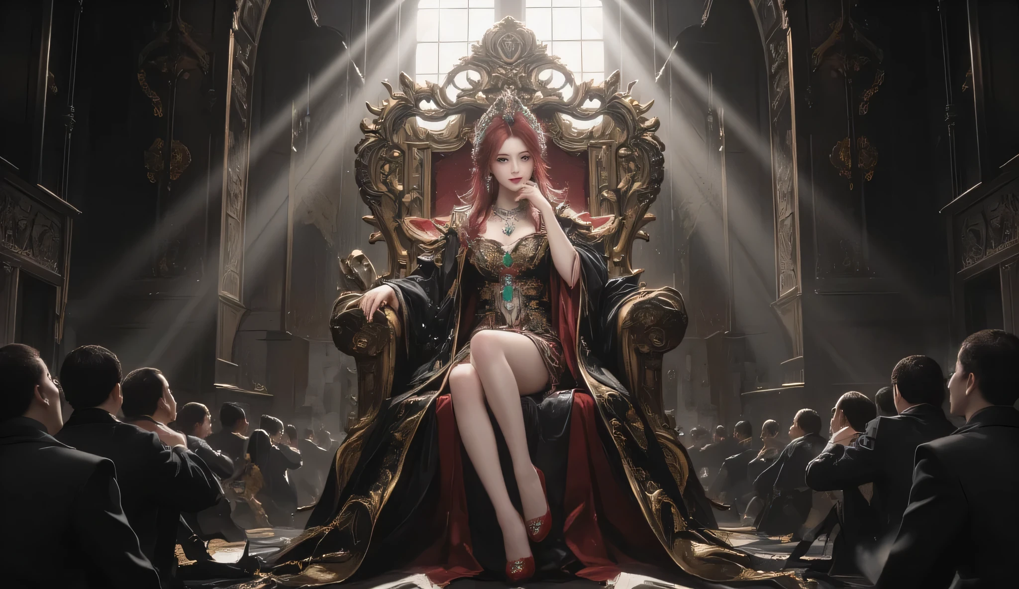 A queen in her early 30s sits on a grand royal throne with an arrogant pose. She crosses her legs and rests her chin on her right hand while her left hand rests casually on her thigh. Her crimson hair flows down to her shoulders, complementing her emotionless face. Her piercing, cynical gaze dominates the atmosphere. She wears a luxurious dark royal robe with intricate golden embroidery. At her waist, a jade dragon pendant hangs gracefully, and a silver gemstone necklace adorns her neck. Her shoes match the crimson color of her hair, enhancing her regal appearance. The throne room is intense and ominous, with dark stone walls that radiate a sense of luxury. Rays of sunlight beam through a tall window above the throne, illuminating the queen dramatically while casting shadows across the room. In front of the throne, a line of guards and servants kneel in submission, their backs facing the viewer. The guards maintain a stoic posture, while the servants bow deeply, exuding fear and reverence. The scene exudes power and authority, with every element emphasizing the queen's beauty, elegance, and commanding presence.