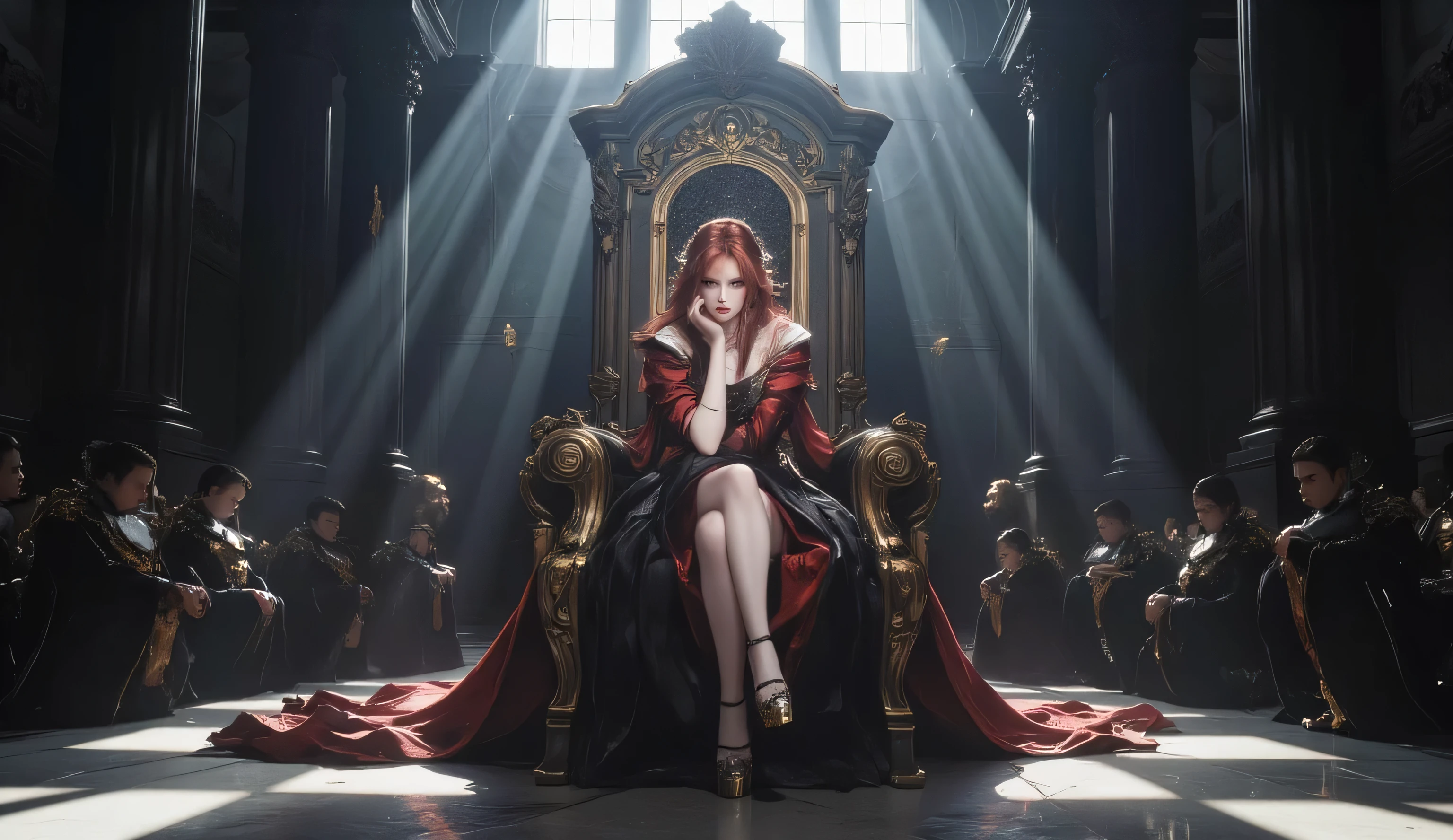 A queen in her early 30s sits on a grand royal throne with an arrogant pose. She crosses her legs and rests her chin on her right hand while her left hand rests casually on her thigh. Her crimson hair flows down to her shoulders, complementing her emotionless face. Her piercing, cynical gaze dominates the atmosphere. She wears a luxurious dark royal robe with intricate golden embroidery, exuding regality. At her waist, a jade dragon pendant hangs gracefully, and a silver gemstone necklace adorns her neck. Her shoes match the crimson color of her hair, completing her commanding appearance.
The throne room features an ancient European architectural style, with dark stone walls adorned with elegant carvings and tall arched windows. Rays of sunlight stream through a high window above the throne, illuminating the queen dramatically and casting long shadows on the polished stone floor.
In front of her, a line of guards and servants kneels in submission, all facing the queen with their backs to the viewer. The guards stand rigid and stoic, while the servants bow deeply, their postures expressing fear and reverence. The scene is intense and ominous, with the interplay of light and shadow emphasizing the queen's beauty, authority, and the grandeur of the setting.