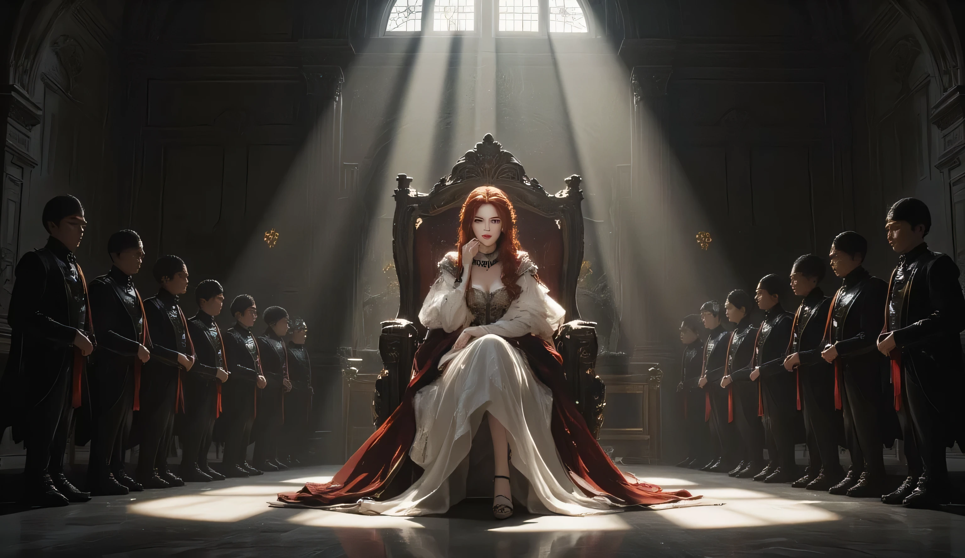 A queen in her early 30s sits on a grand royal throne with an arrogant pose. She crosses her legs and rests her chin on her right hand while her left hand rests casually on her thigh. Her crimson hair flows down to her shoulders, complementing her emotionless face. Her piercing, cynical gaze dominates the atmosphere. She wears a luxurious dark royal robe with intricate golden embroidery, exuding regality. At her waist, a jade dragon pendant hangs gracefully, and a silver gemstone necklace adorns her neck. Her shoes match the crimson color of her hair, completing her commanding appearance.
The throne room features an ancient European architectural style, with dark stone walls adorned with elegant carvings and tall arched windows. Rays of sunlight stream through a high window above the throne, illuminating the queen dramatically and casting long shadows on the polished stone floor.
In front of her, a line of guards and servants kneels in submission, all facing the queen with their backs to the viewer. The guards stand rigid and stoic, while the servants bow deeply, their postures expressing fear and reverence. The scene is intense and ominous, with the interplay of light and shadow emphasizing the queen's beauty, authority, and the grandeur of the setting.