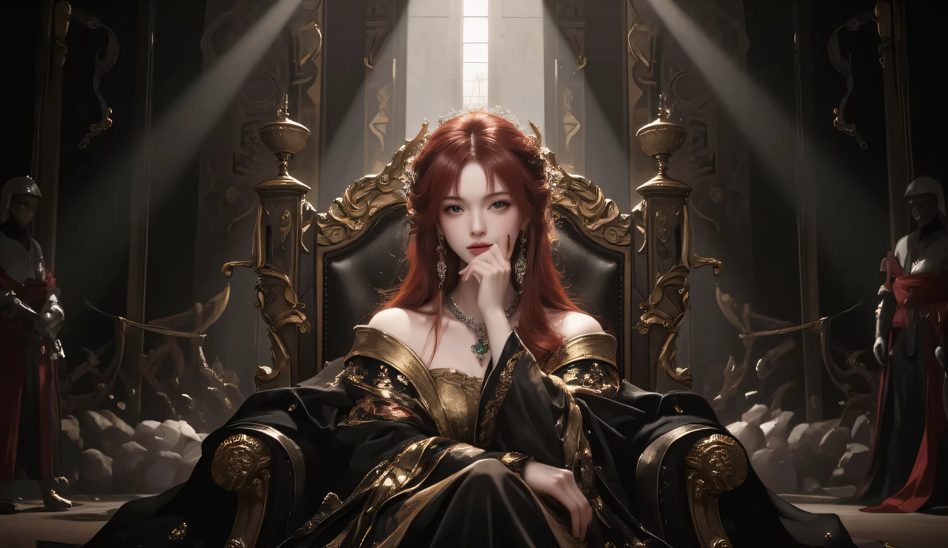 A queen in her early 30s sits on a grand royal throne with an arrogant pose. She crosses her legs and rests her chin on her right hand while her left hand rests casually on her thigh. Her crimson hair flows down to her shoulders, complementing her emotionless face. Her piercing, cynical gaze dominates the atmosphere. She wears a luxurious dark royal robe with intricate golden embroidery. At her waist, a jade dragon pendant hangs gracefully, and a silver gemstone necklace adorns her neck. Her shoes match the crimson color of her hair, enhancing her regal appearance. The throne room is intense and ominous, with dark stone walls that radiate a sense of luxury. Rays of sunlight beam through a tall window above the throne, illuminating the queen dramatically while casting shadows across the room. In front of the throne, a line of guards and servants kneel in submission, their backs facing the viewer. The guards maintain a stoic posture, while the servants bow deeply, exuding fear and reverence. The scene exudes power and authority, with every element emphasizing the queen's beauty, elegance, and commanding presence.