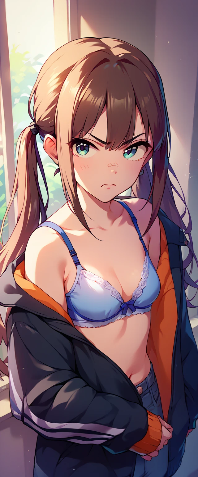 (masterpiece, best quality:1.2), 1girl, solo,1 cute girl, 9 grids, 9 poses and expressions, cute, pink cardigan, blue eyes, two knots, freckles, different emotions, 8K, underwear