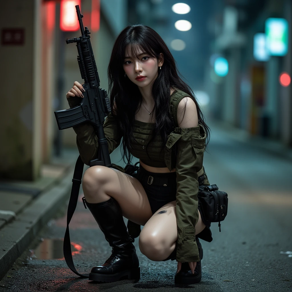 ,Girl, machinegun,thin micro bikini, ,beautyful face, beautyful body, perfect anatomy, long haired,sharp picture,