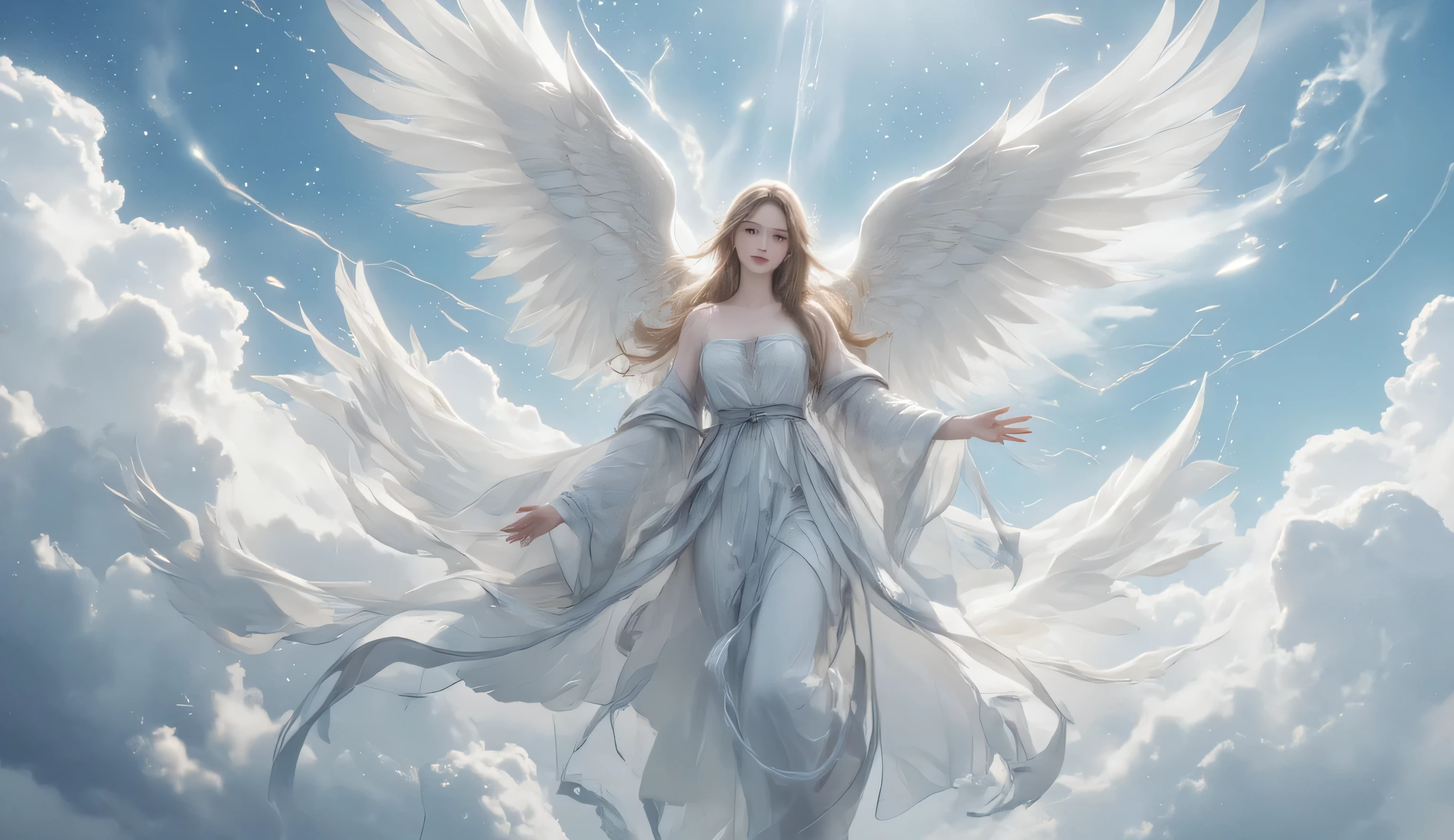 a goddess who came down from heaven, sky background, the goddess has a wings