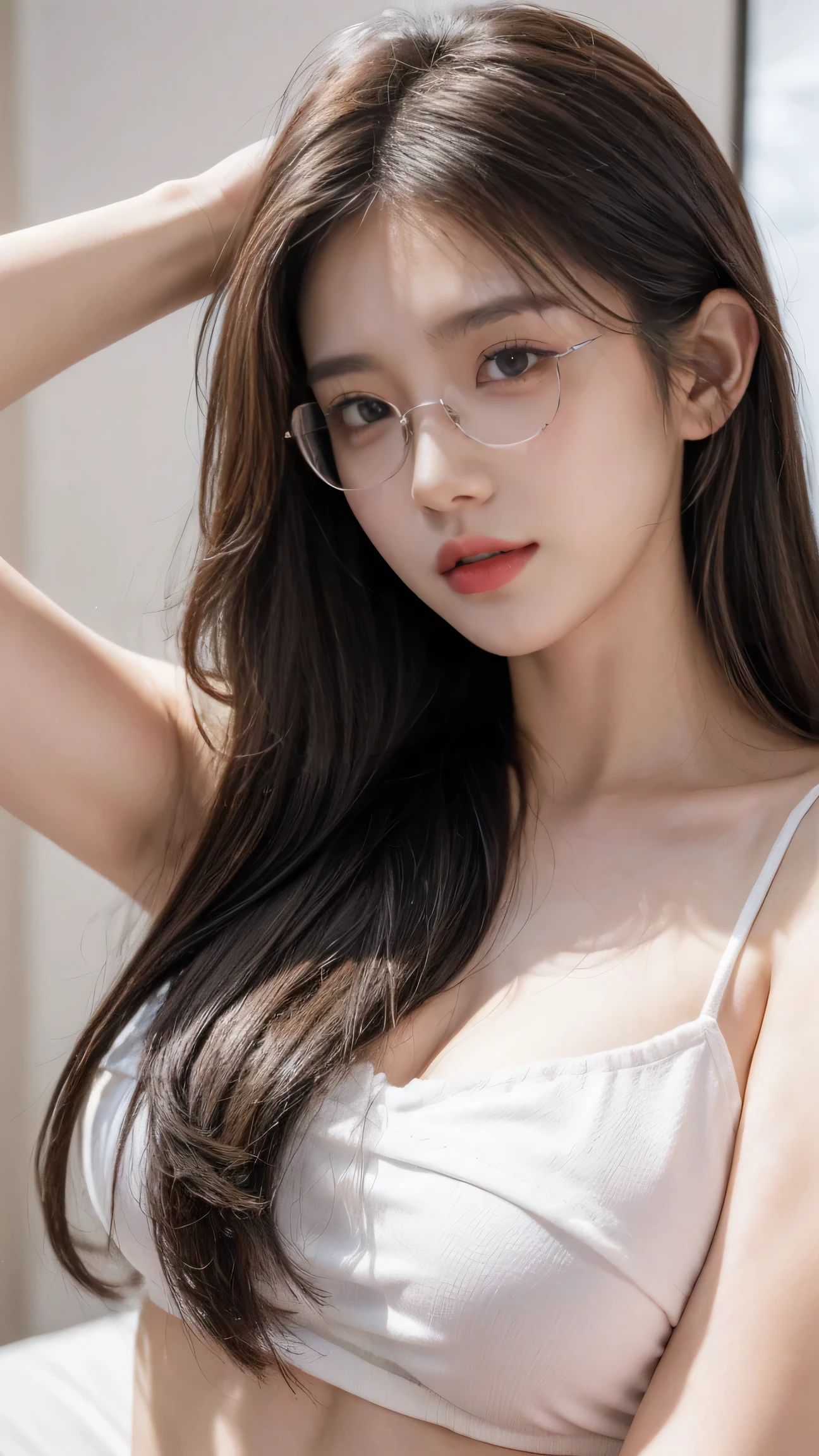 Master works，lifelike，Young woman, Alone，Beautiful face，delicate，solo,Wear large round glasses，Thin clothing，Rich in mystery,Adorable、nature light，The light in the bedroom was fantastic and gentle，Simple pure white pajamas；Let the light and shadow gradually create a sense of romance，Sexy，Hip