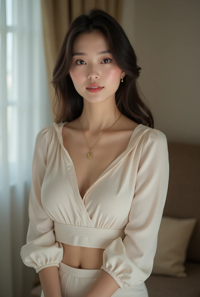 Very beautiful Japanese、Create beautiful and feminine body photos,Accurate simulation of lightweight material interactions、refreshing、Real People、Short Hair、Silk blouse,A tight skirt that accentuates the waist,