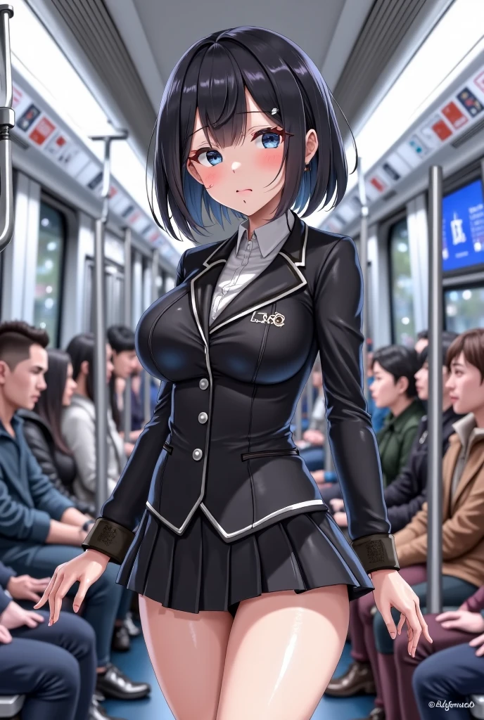 Black Hair Shortcuts uniform crowded train mini skirt White panties Skirt tucked up Holding back tears
