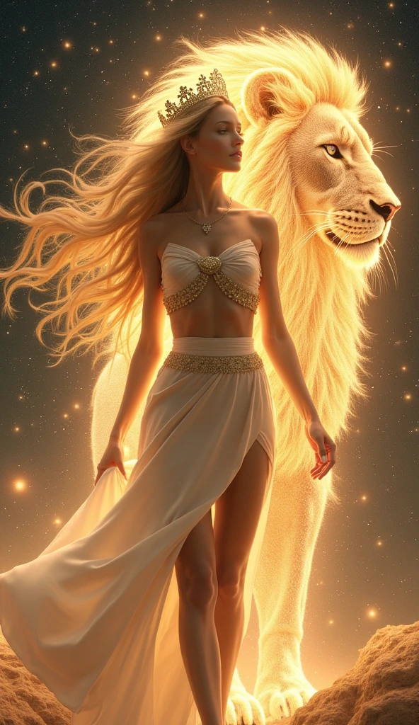 Beautiful blonde woman,Space Background,Leo,goddess,Holy white dress,A lion made of stars behind him,Surrounded by stars,crown,Queen