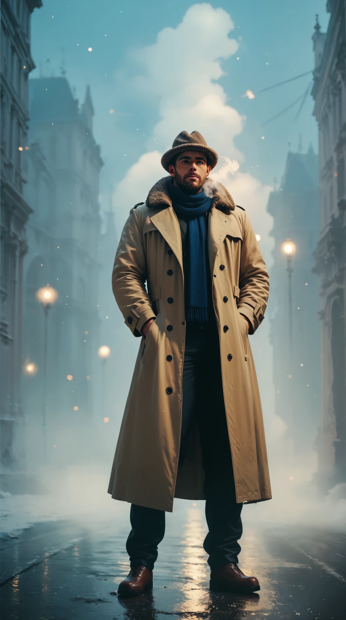 score_9, score_8_up, score_7_up, score_6_up, masterpiece, best quality, man, solo, full body, trench coat, scarf trailing in the air, ushanka hat, fur hat, looking down, cold breath, night, dim, simple background,