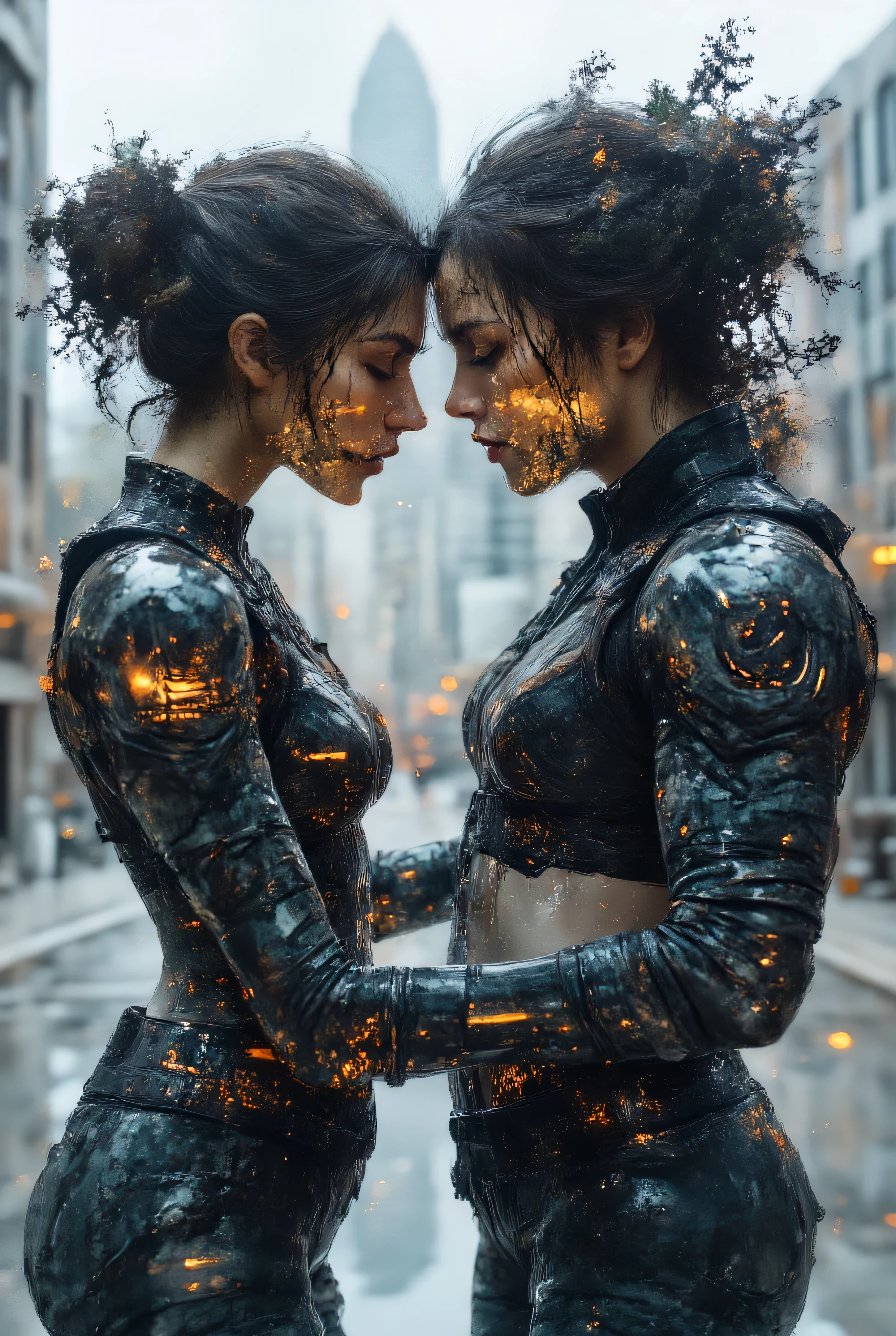 A love that transcends time, a double exposure of a futuristic woman and a warlord man, a beautiful woman in a futuristic cyber suit, and a samurai man holding swords, face to face.