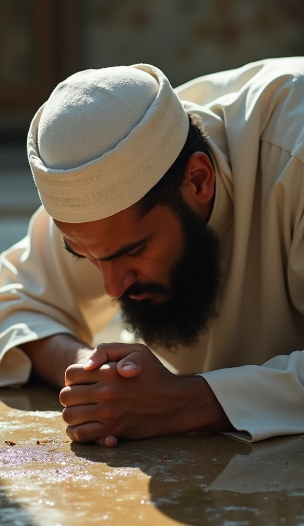 Taliban leader, big bearded, white Afghan dress, black waistcoat, big white afghan turban; prostrating , kissing and worshiping to USA flag, a lot of blood on floor