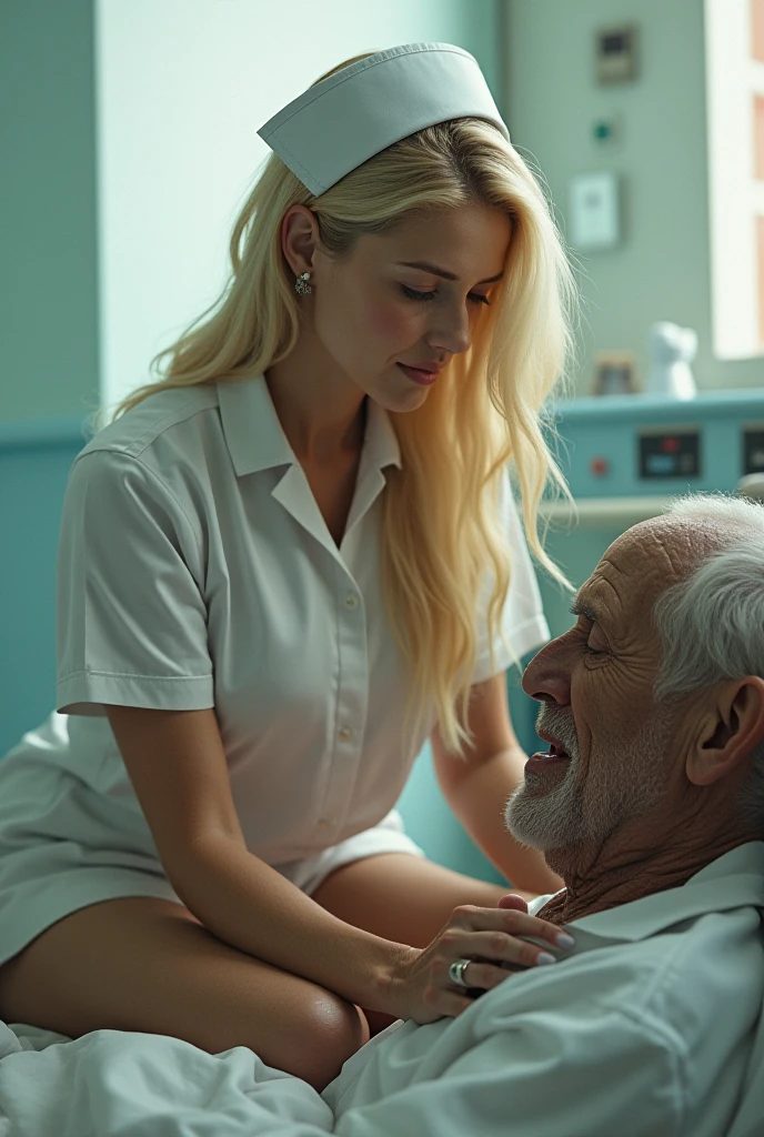 The movie star scarlett johansson dressed as a sexy nurse, kissing an ugly 99-year-old Peruvian man.  On bed