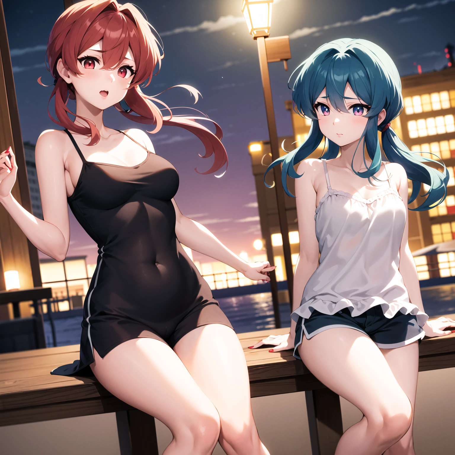 tmasterpiece，Best quality at best，full bodyesbian，little breast，2 Young girls，swim wears，Wear less，looking at viewert，the night，the street，Stores，Stores，neonlight，