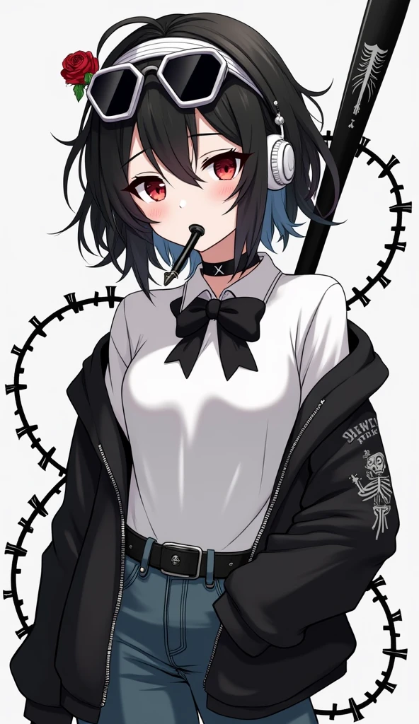 Make an anime girl with white skin, black hair a little wavy and messy, a bandage band on the forehead, With a rose in the mouth on the side, um óculos de black tilted punk goggles na cabeça, with a toy knife tiara. White t-shirt with a black skeleton open zipper sweatshirt, white cell phone headphones in the ears, a punk belt with black thorn , And black skeleton jeans. A black bow tie around the neck, and with a black baseball bat with barbed wire wrapped.
