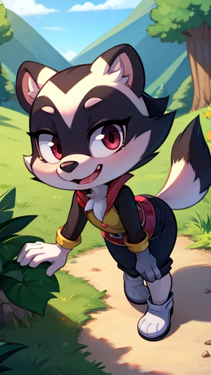 score_9,score_8_above,score_7_above,score_6_above,
esperanzaxl,green eyes,black fur,striped hair,two tails,
earrings,collar,underwear,
standing,aboveper body,hips,cowboy shot,
smile,
tree house,mornings,fancy,