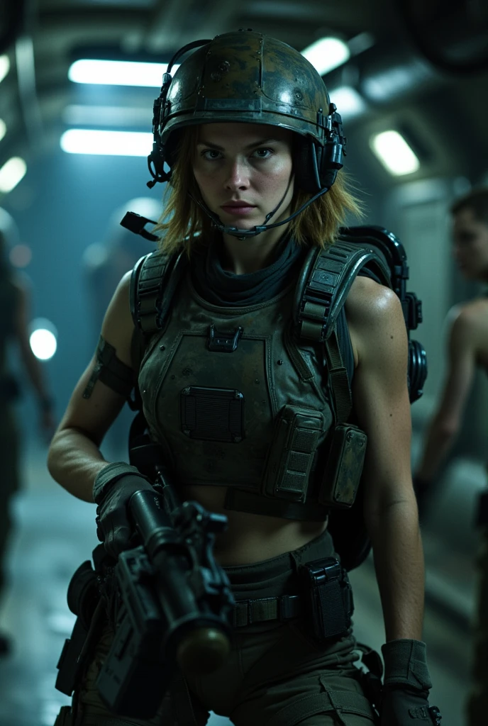 Claudia Schiffer in movie still frame, sci-fi movie, face injury, carries a blaster, broken and dirty tank top, complex stuff around, intricate in the background, (((film grain))), extremely detailed, 8k, (((detailed skin))), cinematic