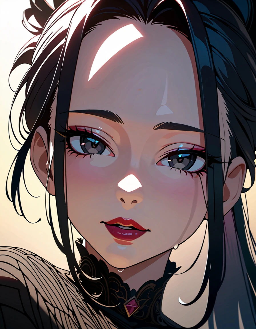 (masterpiece, best quality:1.4), 1 girl, 独奏, Heterochromia, Delicate pupils, Blurred eyes, Close your left eye, Smile, Profile,Tilt your head back 45 degrees, Right tear mole, (Black hair:1.2), Shiny hairstyle, huge breasts, Mini Girls, Backlight, Rainy Day, Black Tulle Evening Dress, Works by top portrait painters, Black and white gradient background.