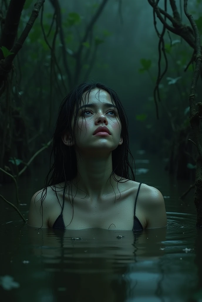 (Hyperrealistic photo, Ultra Detailed, Raw, tmasterpiece), Black Sky, night time, The forest is illuminated by the moon because of the clouds, ominous red reflections in the distance. A woman drowns in a bog. ia&#39;She's wearing a dress, lace stockings. dirty victim, ritual, She has an iron collar, Short Hair Hair, The face expresses a mixture of sexual despair and dark ecstasy.... trying to get to the surface, but the mud is pulling her down, And she knows, that her last moments are near. The swamp takes her into its dark embrace, And she is, finally, abandons his struggle.