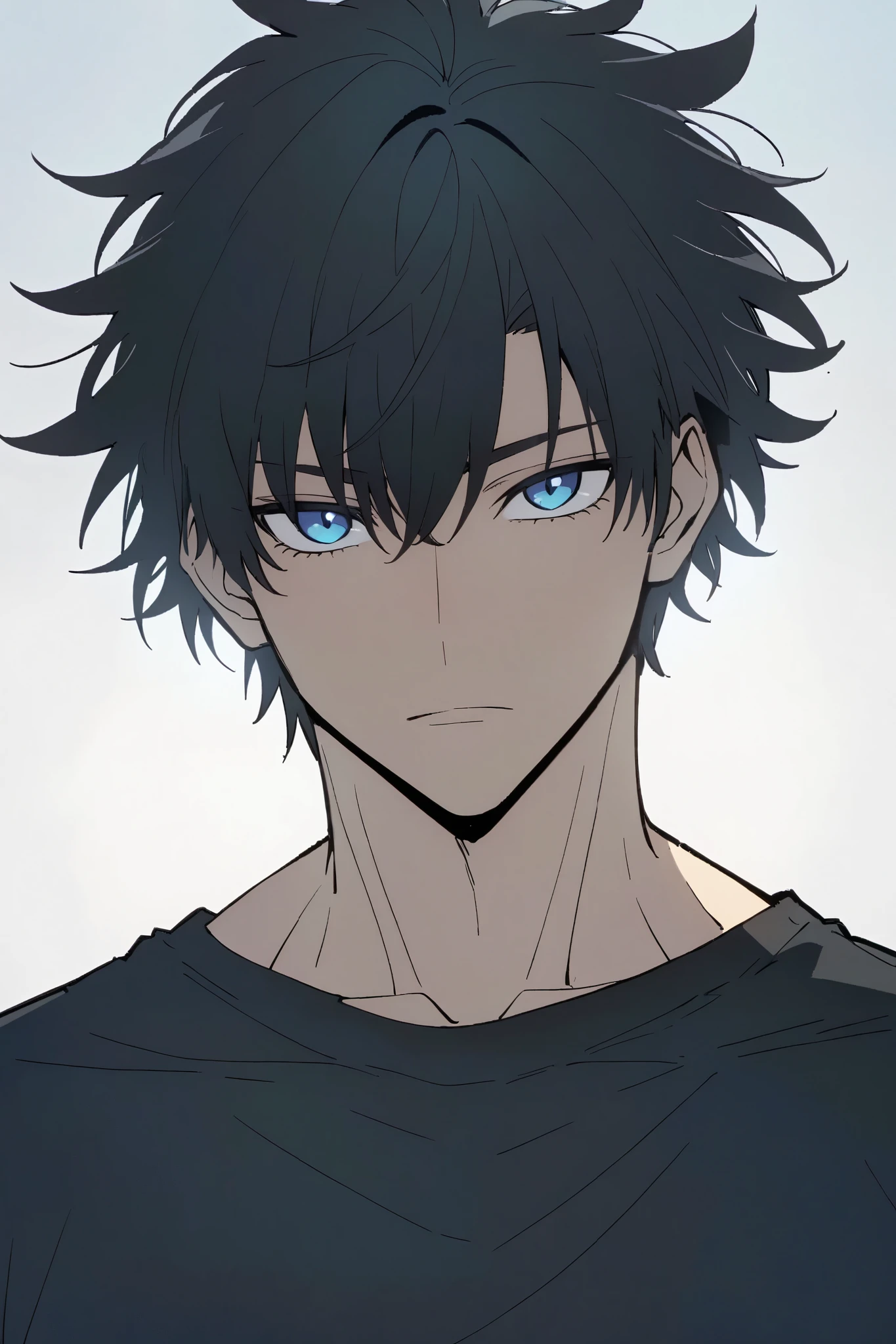Handsome, solo, male, tall, muscular, short hair, black hair, blue eyes, simple ears, black t-shirt, looking at viewer, facing viewer, simple background, white background

