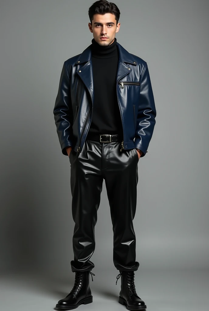 a pakistan man 20 years beautiful cute white skin and black hair and black cotton pullover neck shirt full and black and leather dark blue shining jacket and black shining fitting trouser and black latex boots full outfits