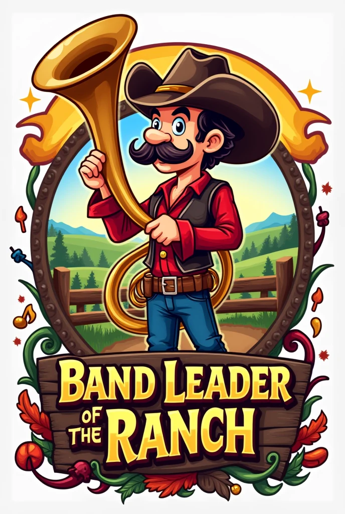 Logo that says Band leader of the ranch with a tuba and bright colors