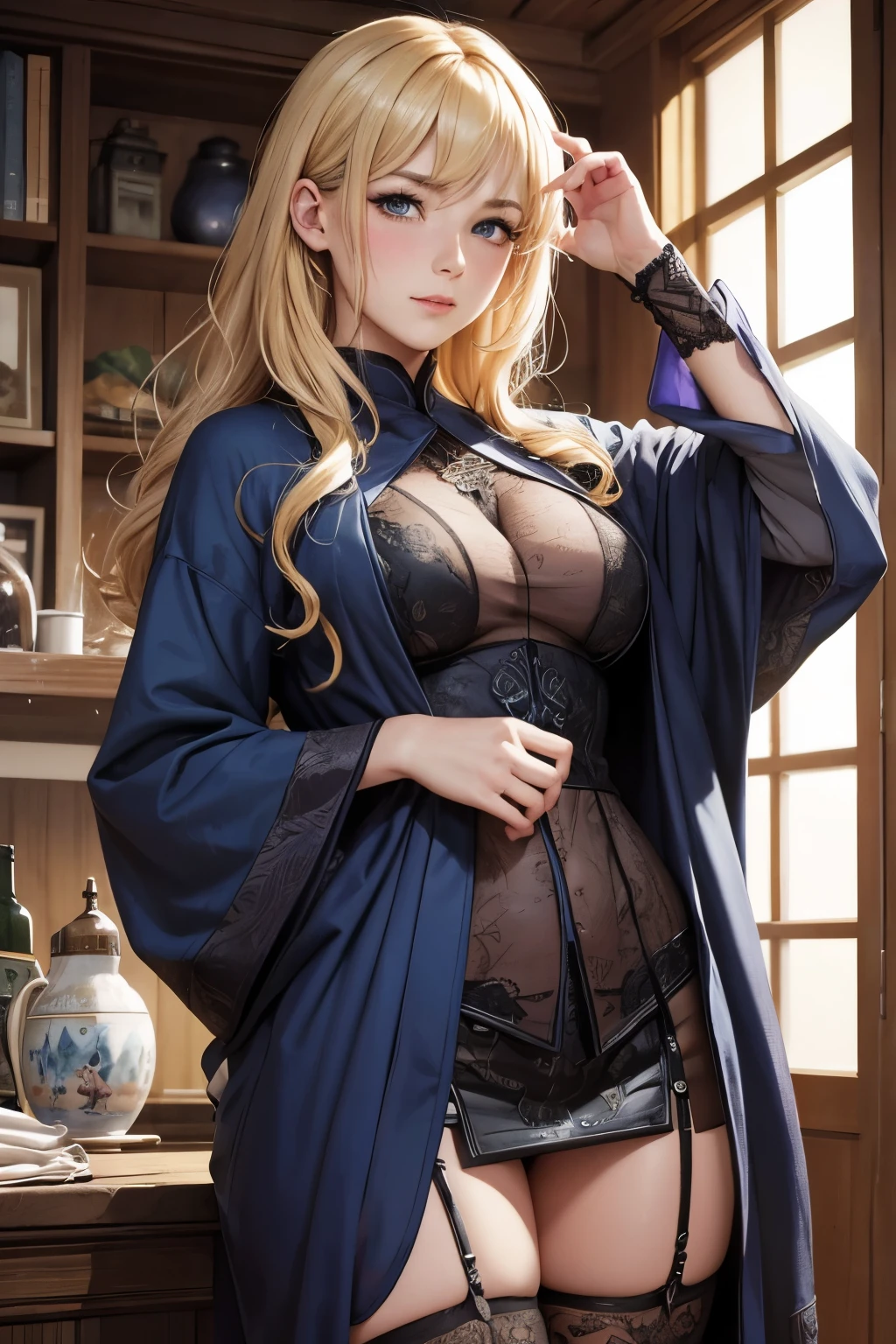 table top, highest quality, Highly detailed CG Unity 8K wallpaper, sexy witch , long dark blonde wavy hair、off shoulder knit, dark blue pleated skirt, medium milk, saggy breasts, cleavage, blush, shy smile, bare shoulders, (Blue floral panties、、Blue Floral Bra、show panties、((open your legs))）high heels、nice magic book、luxury hotel bedroom、sexy pose、Sit on the floor、side boob、