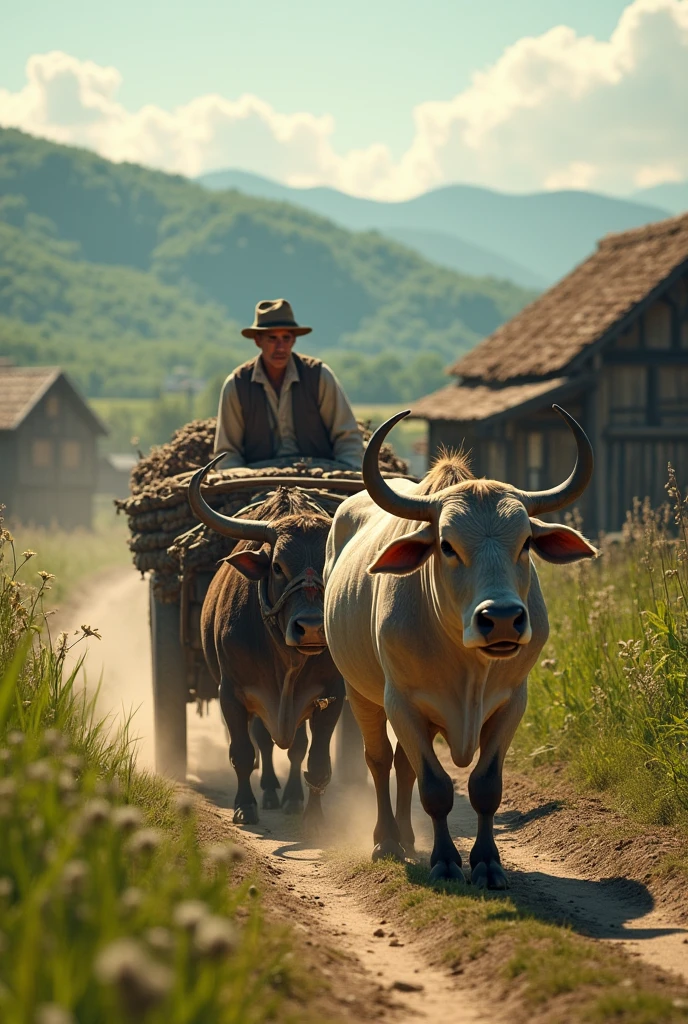Create an image of a yoke of oxen with a cart with a church bell being carried and pulled by a simple man of Pomeranian origin and other yokes of oxen behind accompanied by more simple men.