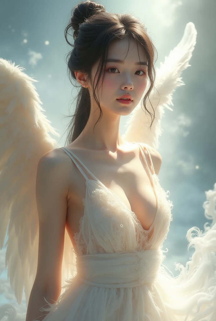 beautiful sexy asian angel, highly detailed fantasy angel, naked breast, intricate angelic wings, glowing halo, ethereal expression, flowing robes, dramatic lighting, dramatic pose, serene setting, heavenly atmosphere, soft pastel colors, photorealistic, 8k, hyper detailed, cinematic lighting, masterpiece, digital art