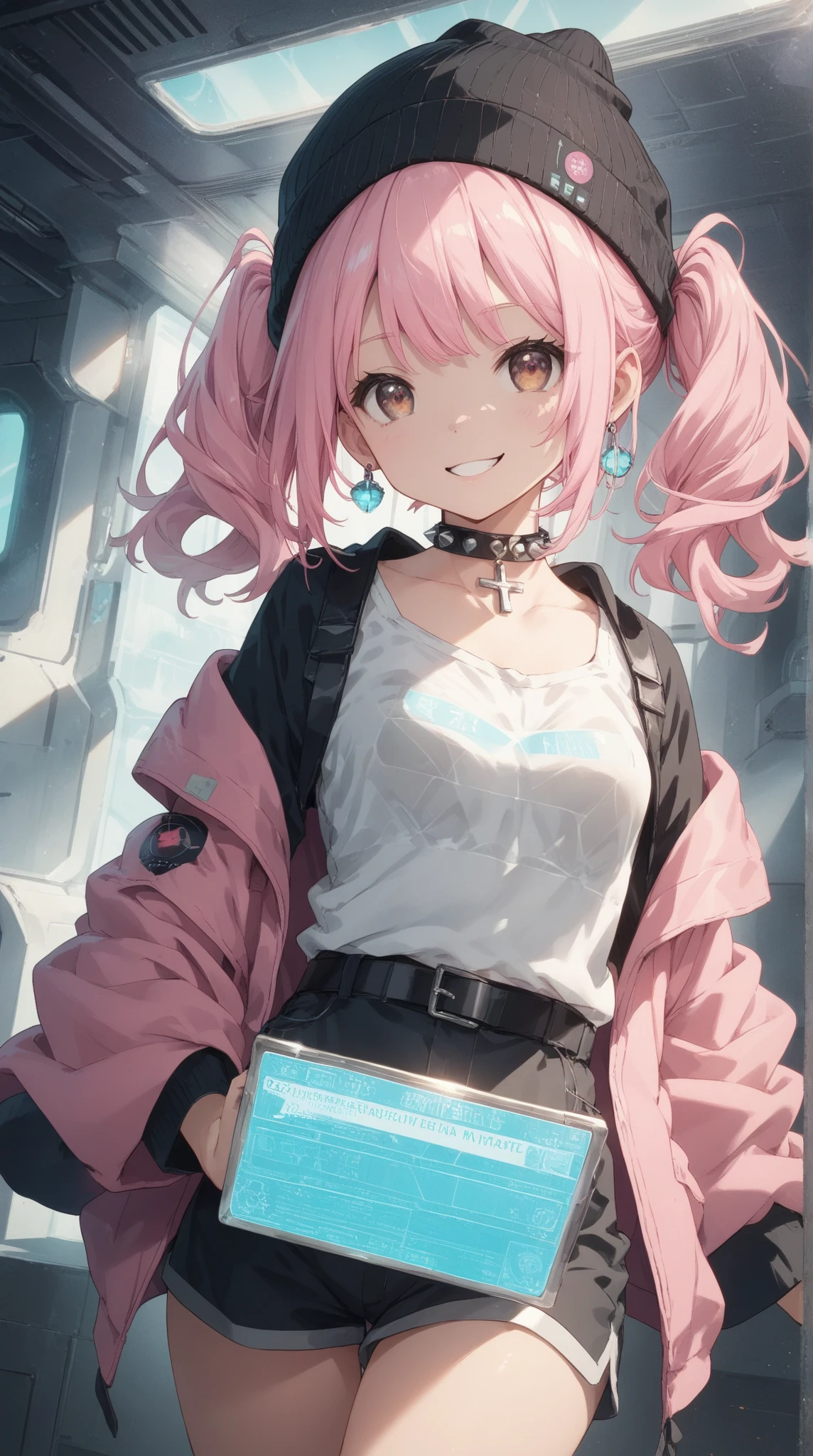 1girl, (animal ears), straight-on, upper body, braid, headband, pink hair, multicolored hair, detailed eyes, golden eyes, open coat, blue coat, bangs, looking at viewer, blush, standing, hood down,long sleeves, light smile, solo, bare tree, building, city, cityscape, sunny day, day, outdoors, skyscraper, street, tokyo \(city\), tree