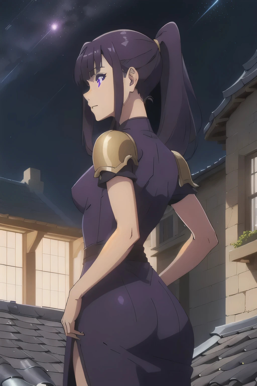 1 girl in, 18, photo of Sung Jinha, Solo Levelling Waifu, photo of perfect woman, Solo, Aesthetic artwork, (long hair, straight purple hair, long ponytail, dark purple hair, bangs: 1.25), (violet eyes, clear skin, fare skin, small breasts, B-cup, runners body, very thin waist, skinny, petite, detailed skin texture, (Masterpiece), (shot from behind, focus on ass:1.2), (wearing an elegant gold armor, full dress armor), (Castle rooftop, ancient midnight Castle, stary sky), (extremely detailed 8k wallpaper), soft lighting, high quality, film grain, 50mm, High Detail, Sharp focus, (natural light), (cowboy photo:1.2), light particles