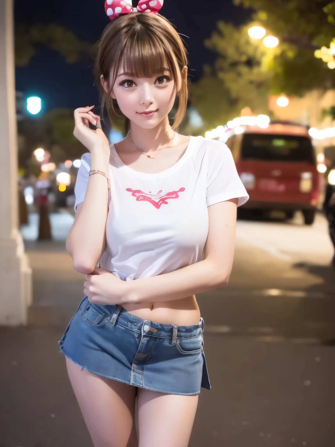(Masterpiece, best quality :1.2), 8k, young and beautiful girl, 85mm, Official AR RAW photos , baby face、 big breasted 、Show me your ears、 photoshoot, cute face, thighs, staring at the audience , embarrassing, Film Grain , Color Difference, sharp concentration on that detail, face light, bright lighting, 10th Generation, detailed face, Blur Background 、(((((()))))、 Pleated Miniskirt、 front view、 loose socks 、、With bangs、Gray denim mini skirt、 blonde ponytail 、Wearing loose socks、 The background is Disneyland、minnie mouse headband、With shoulder pouch、 Disneyland with the night view in the background、 Pleated Miniskirt、Chambers I can、 slender figure 、Thin legs、 slender figure 、Denim Pleated Miniskirt、I'm wearing a short sleeve t-shirt