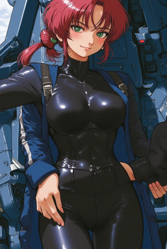 (((Teal Suit))), (((red hair bob haircut))), (((devilish smile))), (((melhor qualidade: 1.4))), (((full metal))), (((DuneWalker))), (((post-apocalypse))), (Unbeatable masterpiece), (hiper HD),(CG 8k hiper-realista), 1Garota armada em um mundo futurista usando roupas coloridas e modernas. Corte de cabelo ultra moderno, perfect body with robotic parts, seios grandes, bunda perfeita, muscles without exaggeration, rosto lindo com olhos azuis penetrantes, add textures to clothes and create something different from the usual, add accessories like garter belt, espartilho e luvas com listras, pele bronzeada e com brilho de molhado, industrial environment with giant heavy machines, Intricate machinery and giant robot parts