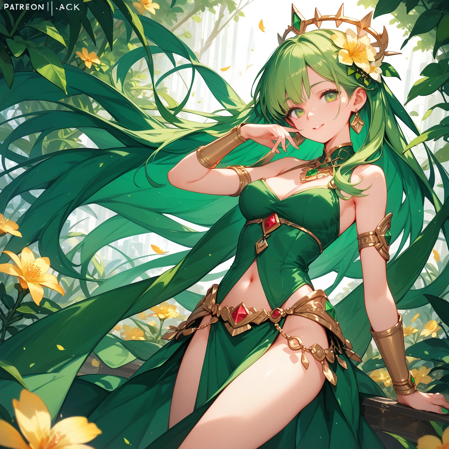 1girl, alraune \(monster girl encyclopedia\), wet, nectar, vines, plant, hands, slimy leaves, flower, Vivid colors,glowing petals,mandala:, pattern, design, spiral, Colorful floral pattern,1girl, alraune, flower, vines, full body, outdoors